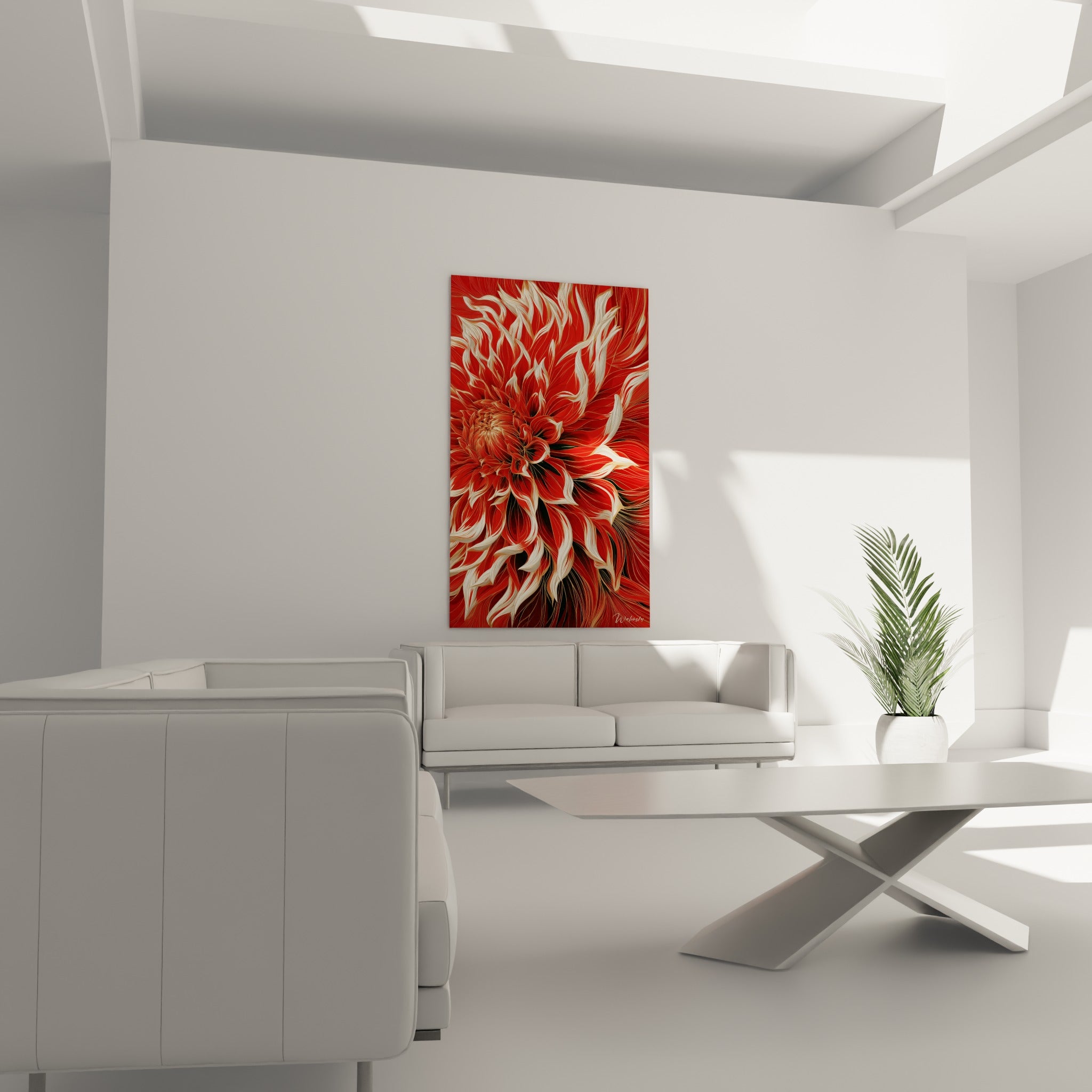 Dahlia rouge fauve et ivoire aux pétales déployés en spirale, au-dessus d'un canapé dans un salon lumineux