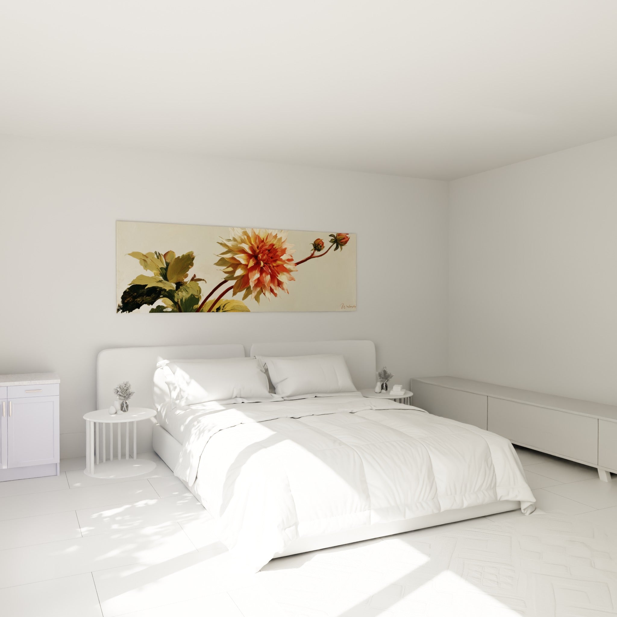 Fleur dahlia corail et vert olive au-dessus d'un lit dans une chambre claire