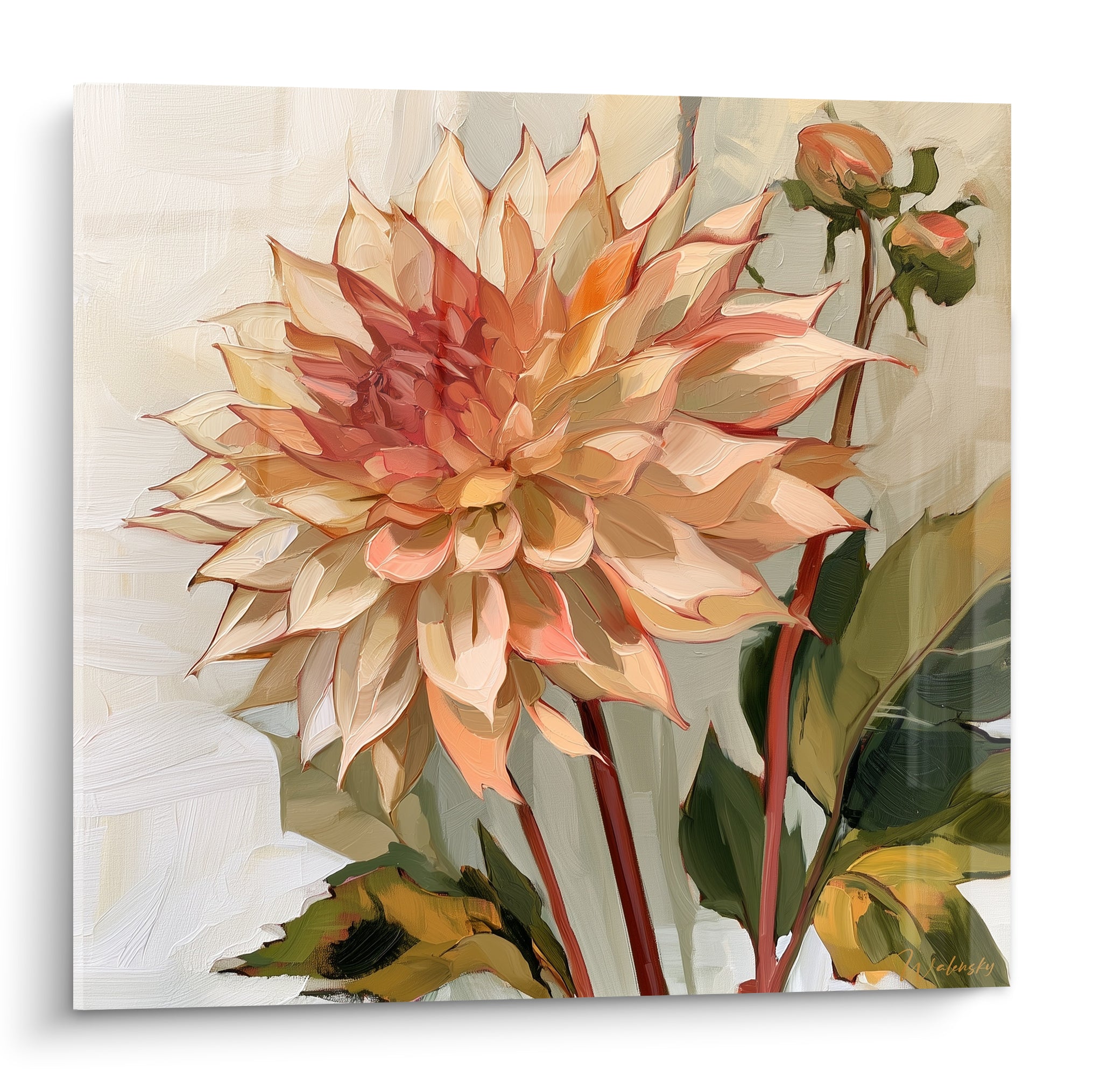 Dahlia crème et corail aux pétales déployés peint dans un style pictural chaleureux et détaillé