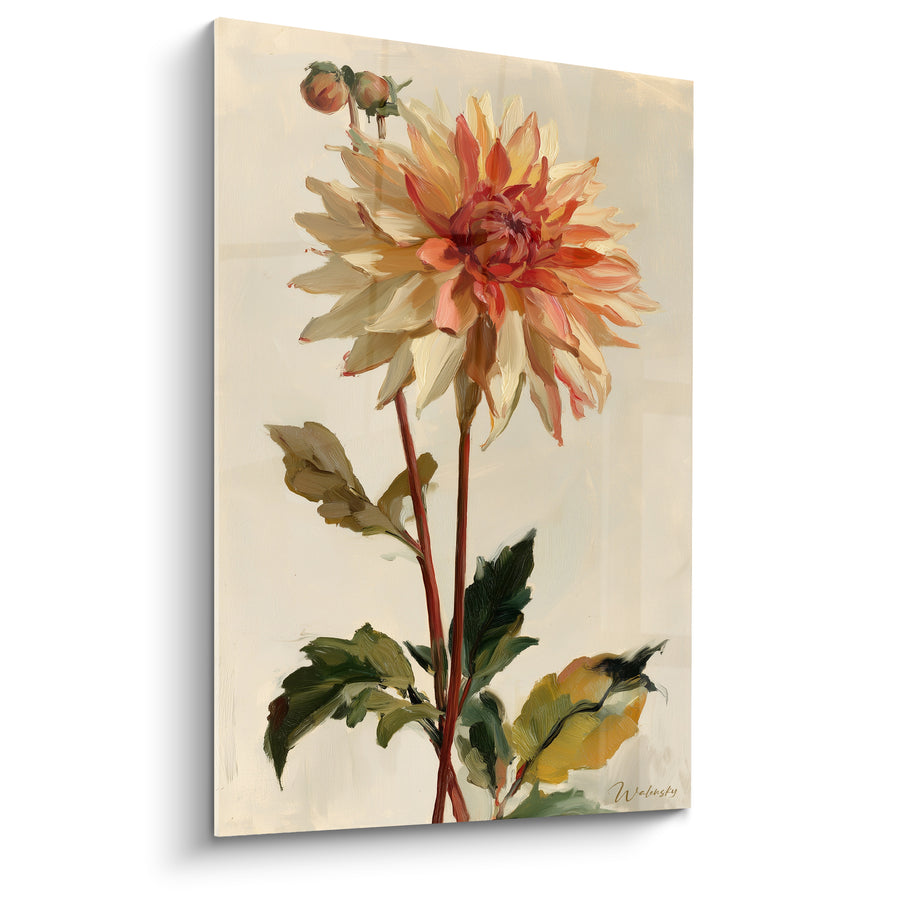 Tableau Dahlia crème et corail aux tiges rougeâtres - Bouton fermé jumeau - Edition Dahlia