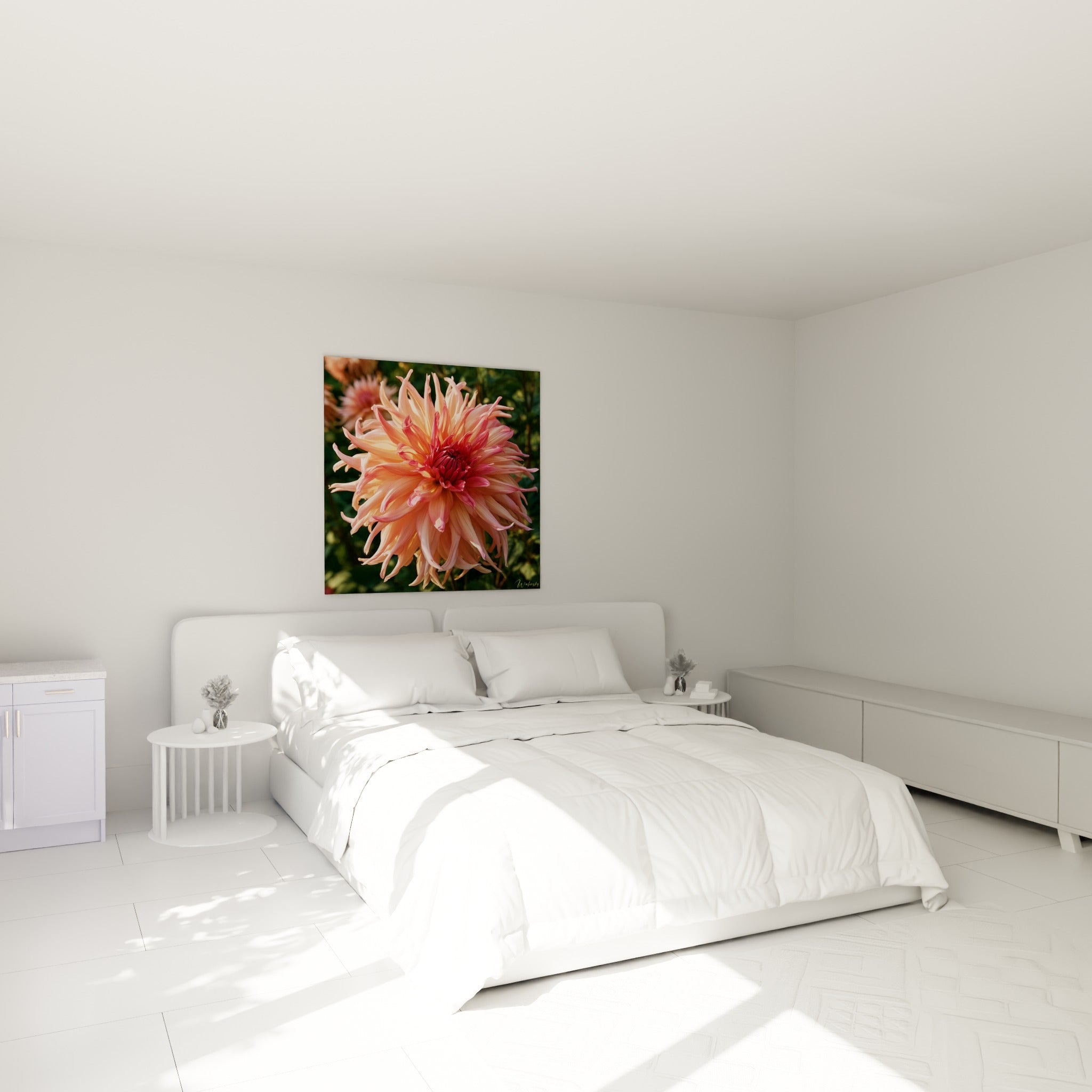Fleur de dahlia pêche et pourpre aux pétales torsadés, accrochée au-dessus d'un lit dans une chambre claire