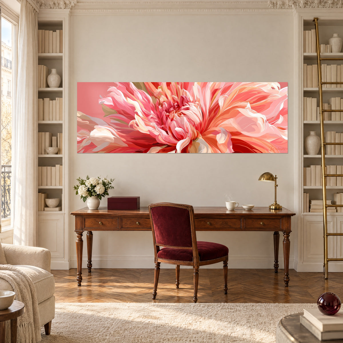 Wall art floral corolla in salmon and ivory white swirls, pink background, above a wooden desk and a burgundy chair, library