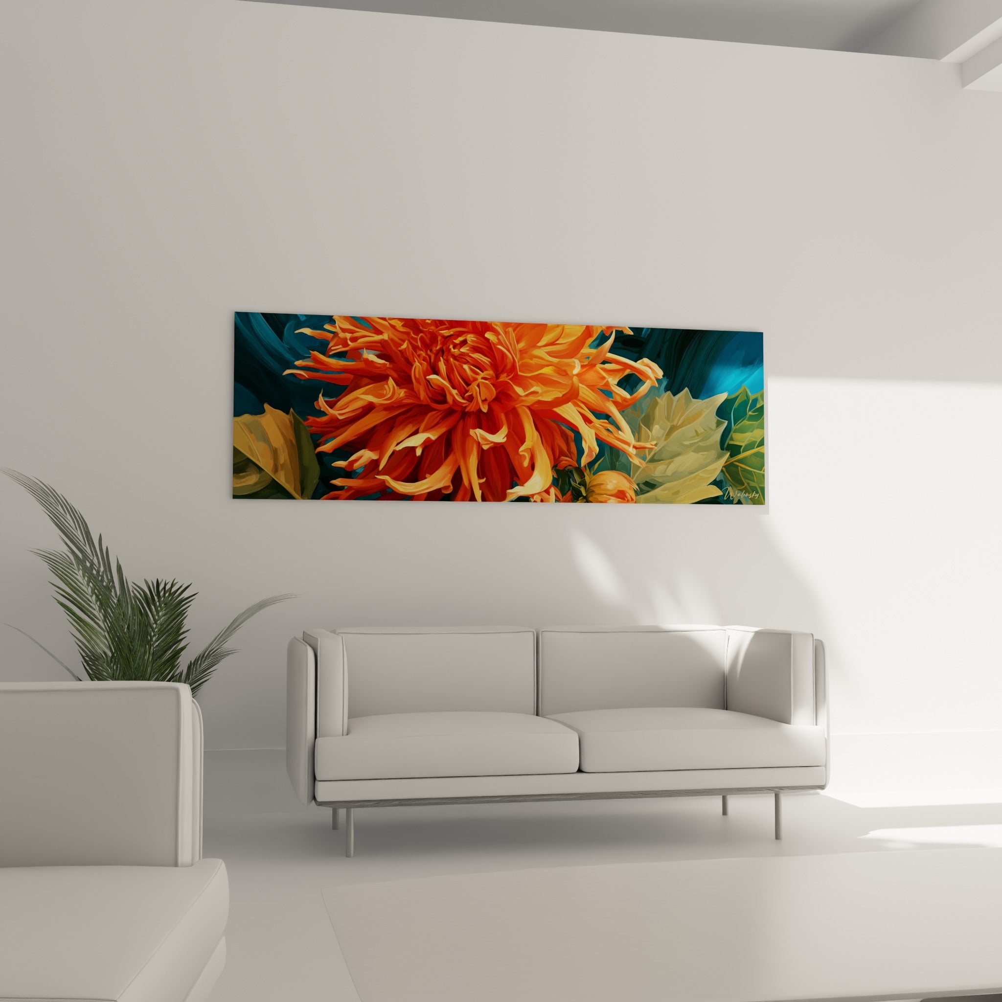Fleur orange vif et fond bleu profond du dahlia disposés au-dessus d'un canapé dans un salon lumineux