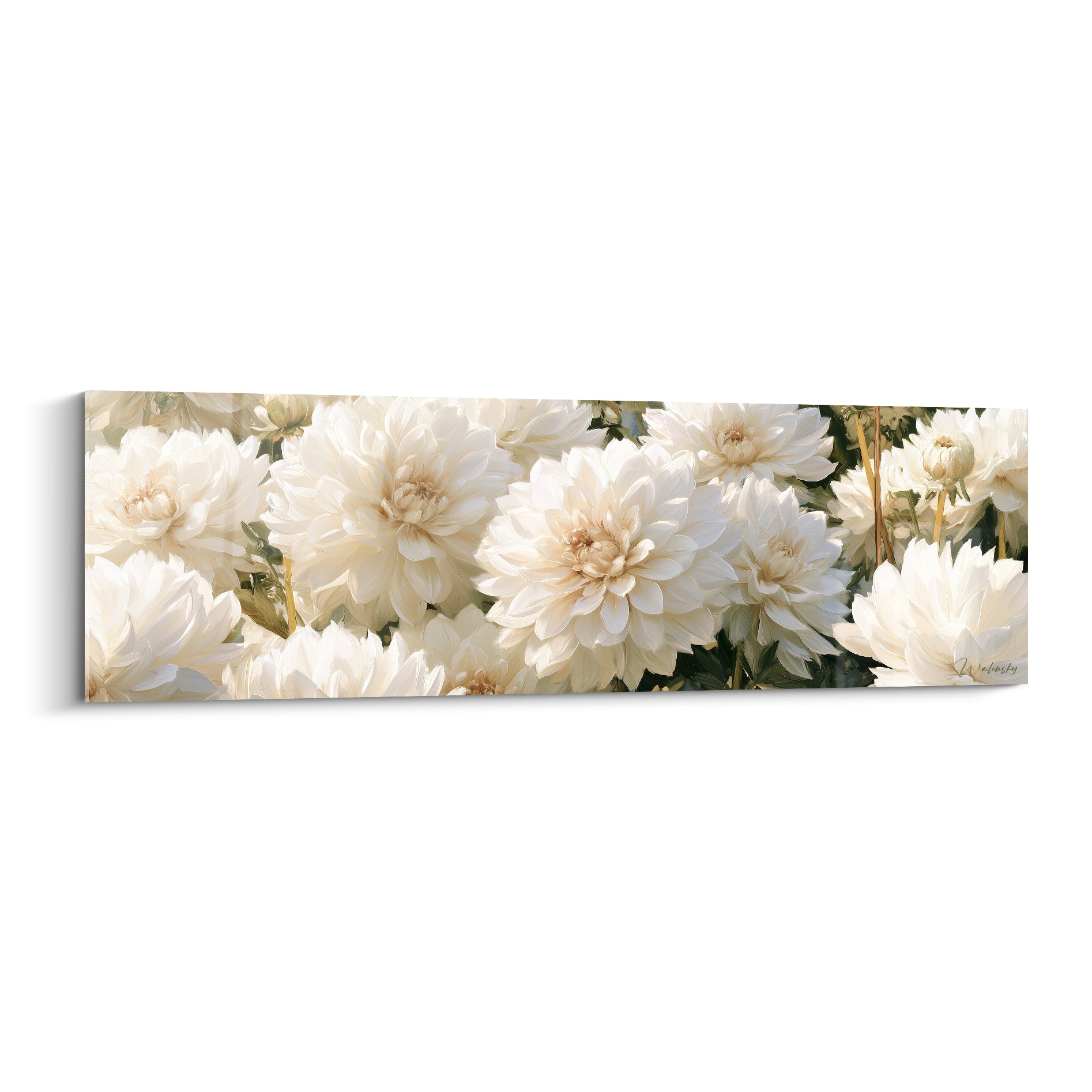 Dahlias blancs aux cœurs crème et dorés, pétales veloutés sur fond vert olive discret
