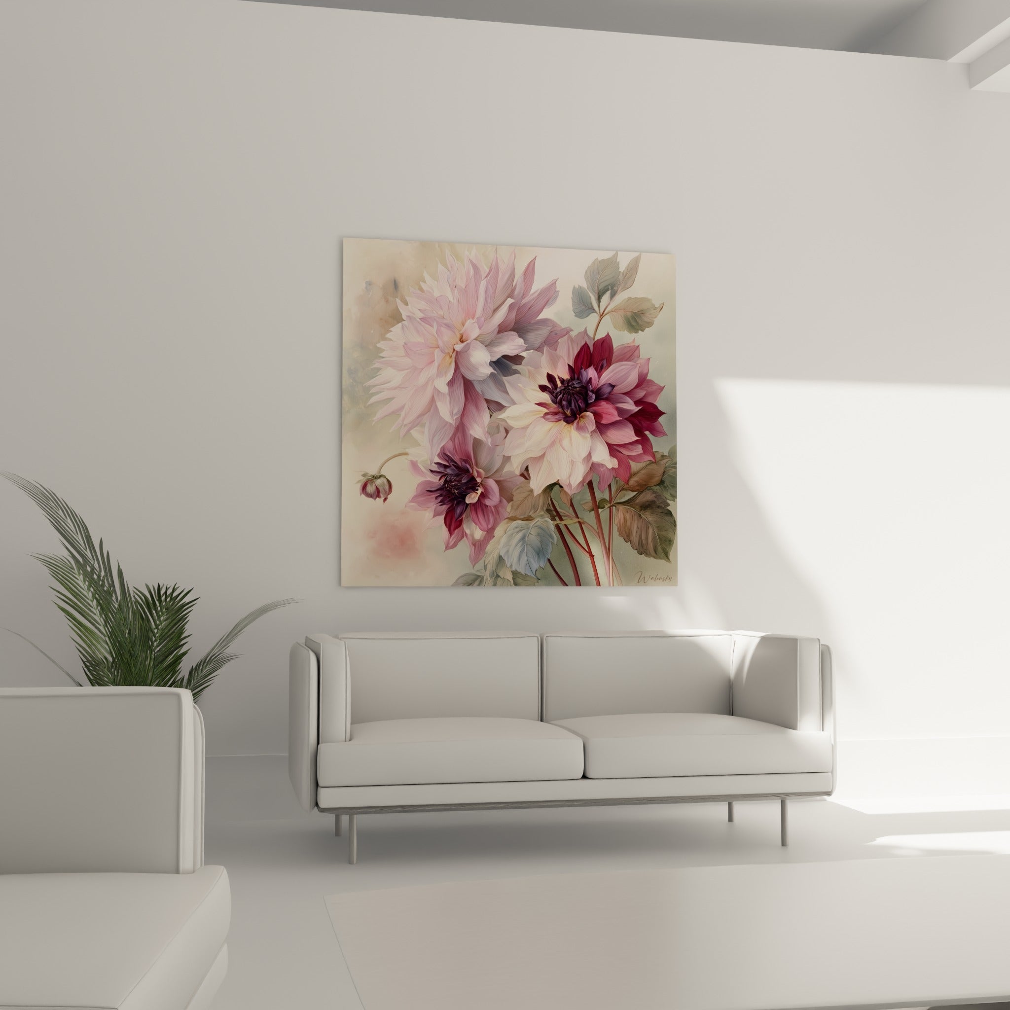 Fleurs de dahlia blanches et pourpres au-dessus d'un canapé dans un salon lumineux