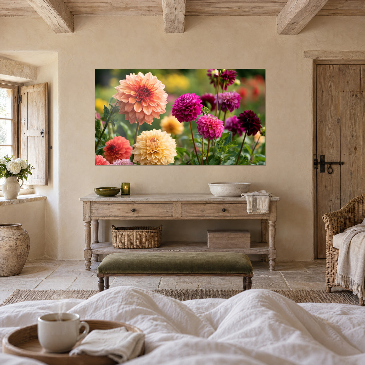 Wall art of a lush garden with large orange and deep violet blooms, red stems and green foliage, above a bed in a light-filled bedroom