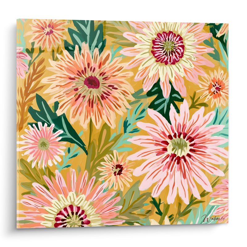 Tableau Dahlias roses et jaunes en pleine floraison - Jardin en effervescence - Edition Dahlia