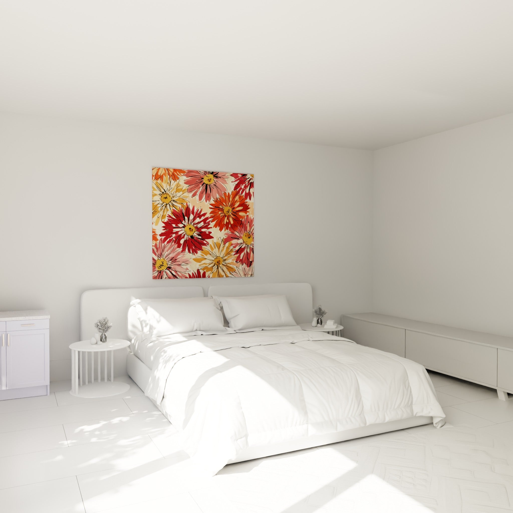 Fleurs de dahlia orange et rose vif accrochées au-dessus d'un lit dans une chambre claire
