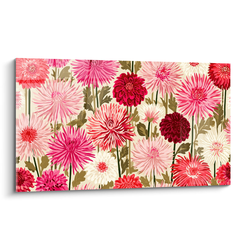 Tableau Dahlias rose et grenat aux pétales aciculaires denses - Massif fleuri compact - Edition Dahlia