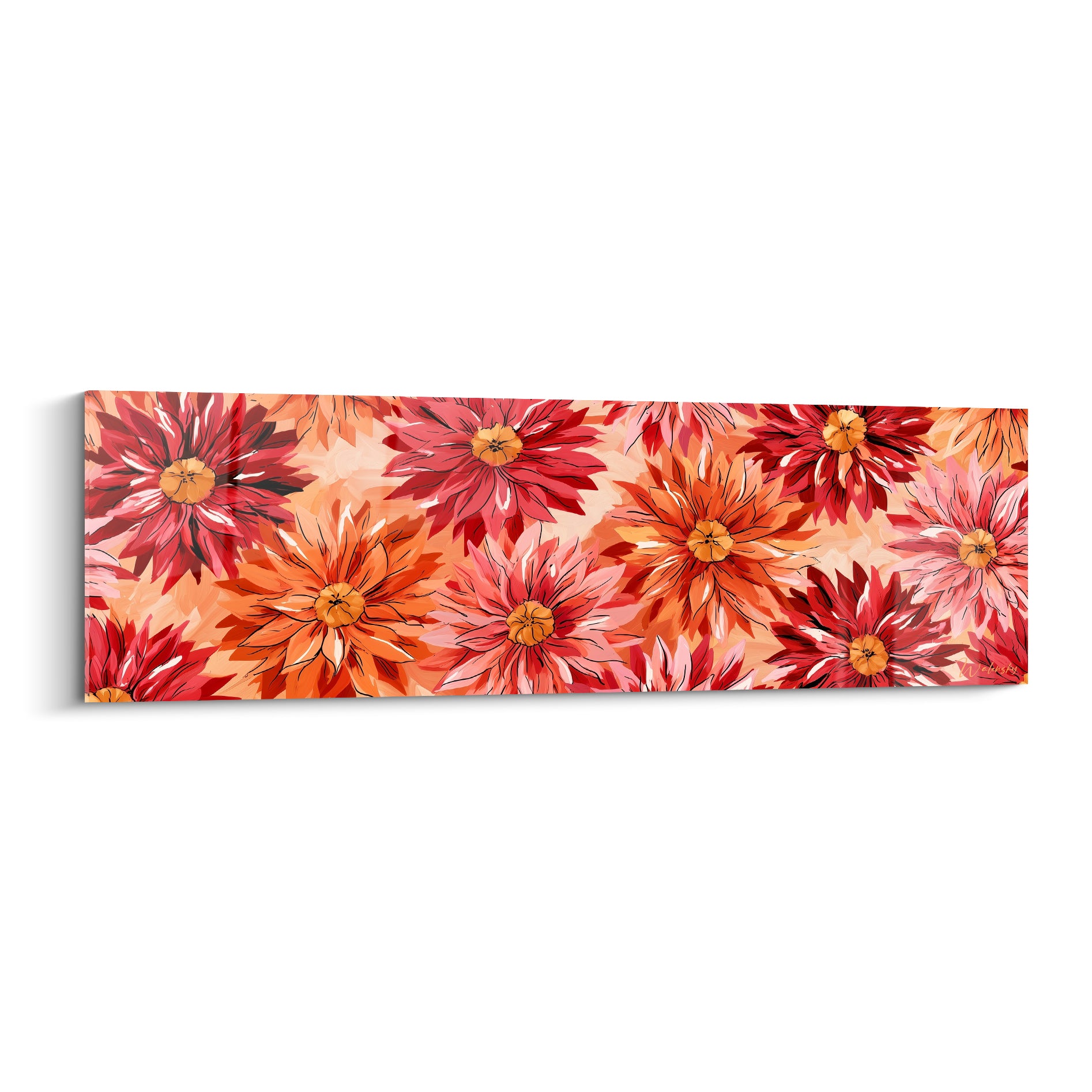 Dahlias rouges et orange aux pétales graphiques, fleurs à cœur doré sur fond pêche pastel