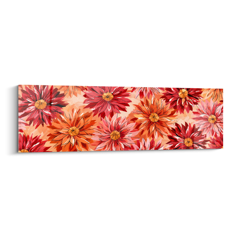 Tableau Dahlias rouge et orange aux cœurs jaunes multiples - Panorama floral illustré - Edition Dahlia
