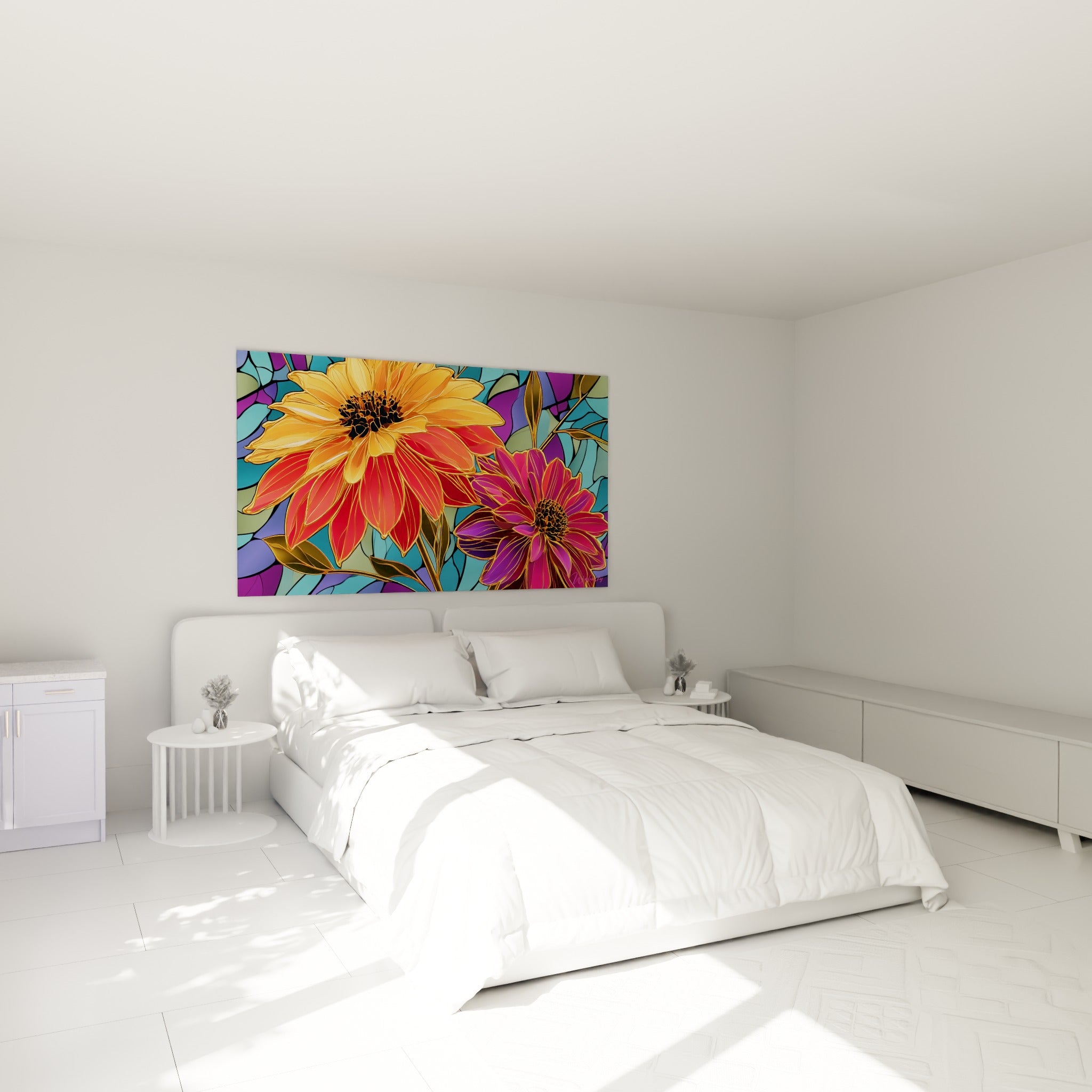 Fleurs de dahlia orangé et violet façon vitrail accrochées au-dessus d'un lit dans une chambre claire