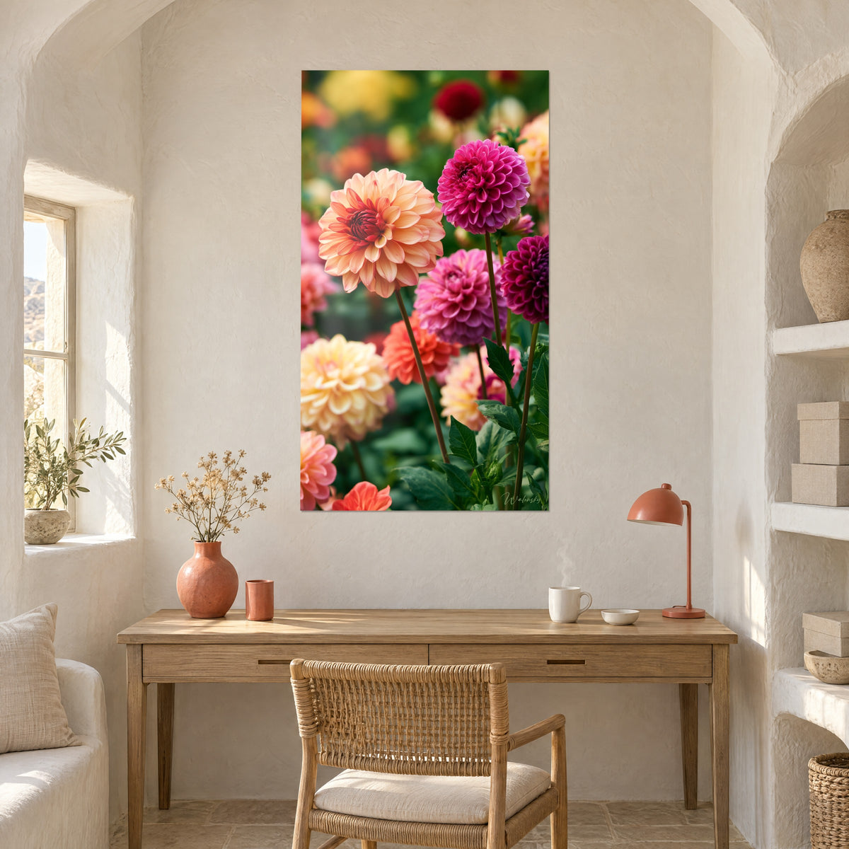 Wall art with a lush clump of peach and fuchsia dahlias on brown stems, whitewashed wall, light wood desk with a coral lamp