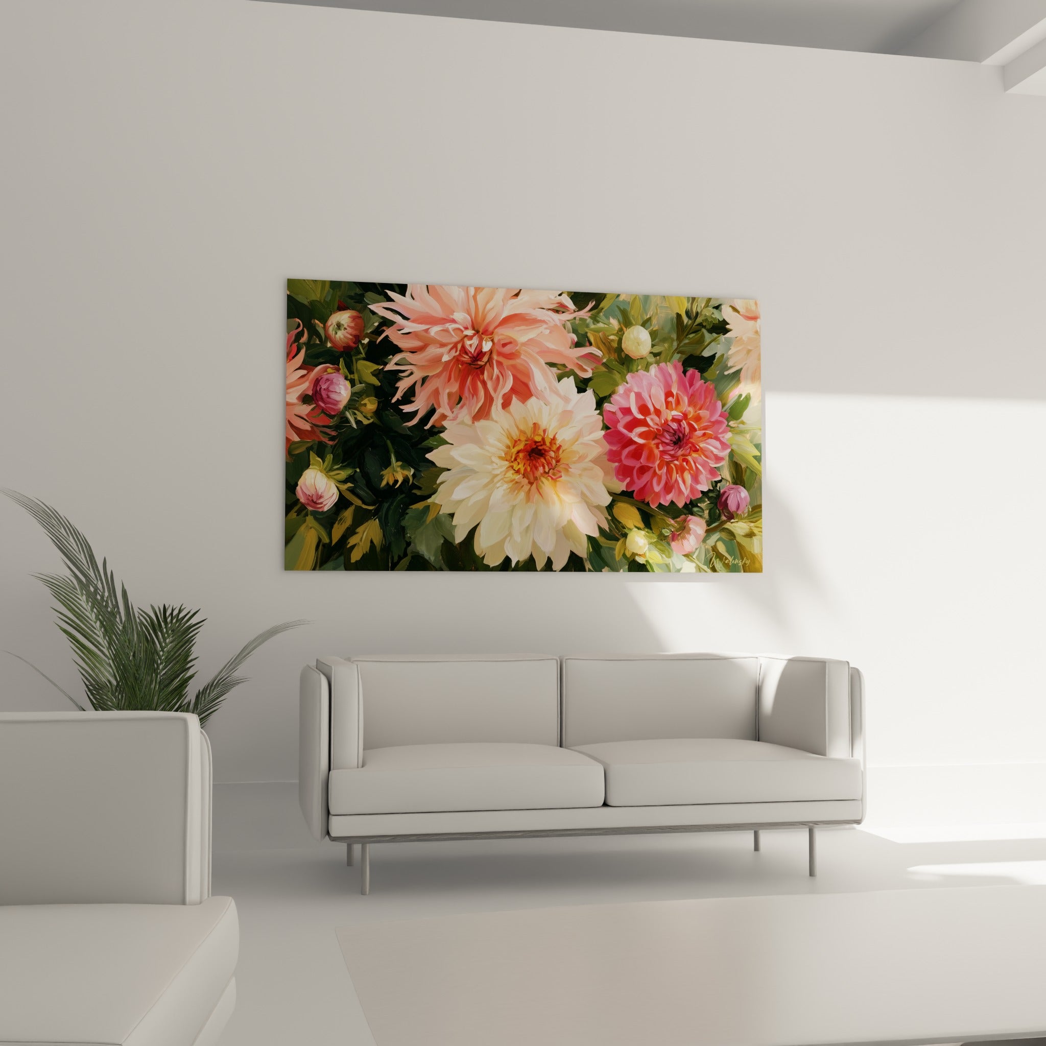 Fleurs de dahlia fuchsia et crème aux couleurs éclatantes, disposées au-dessus d'un canapé dans un salon lumineux