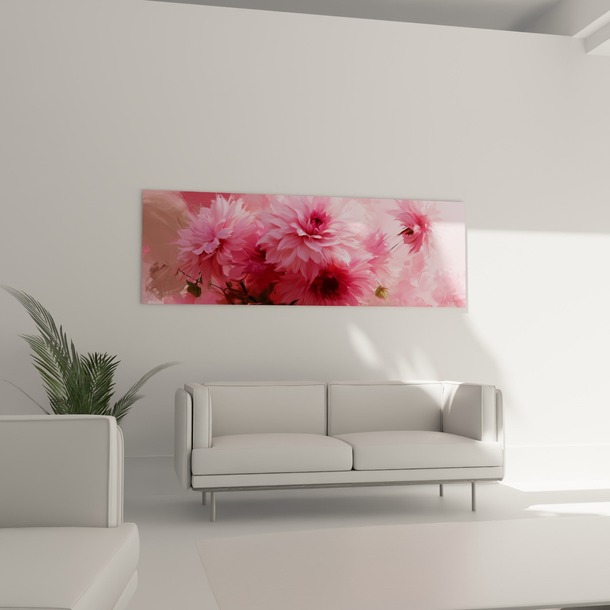 Fleurs de dahlia rose poudré et fuchsia disposées au-dessus d'un canapé dans un salon lumineux