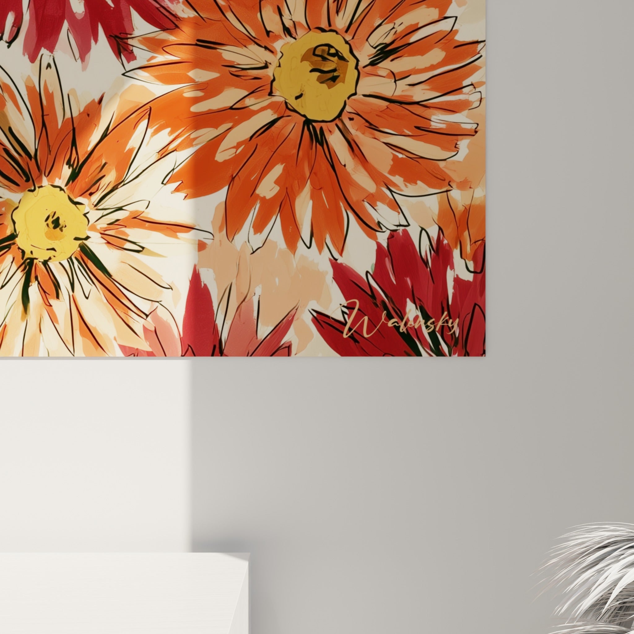 Traits noirs et pétales rouge grenat du tableau Dahlia révélant le grain de la toile et les nuances safran
