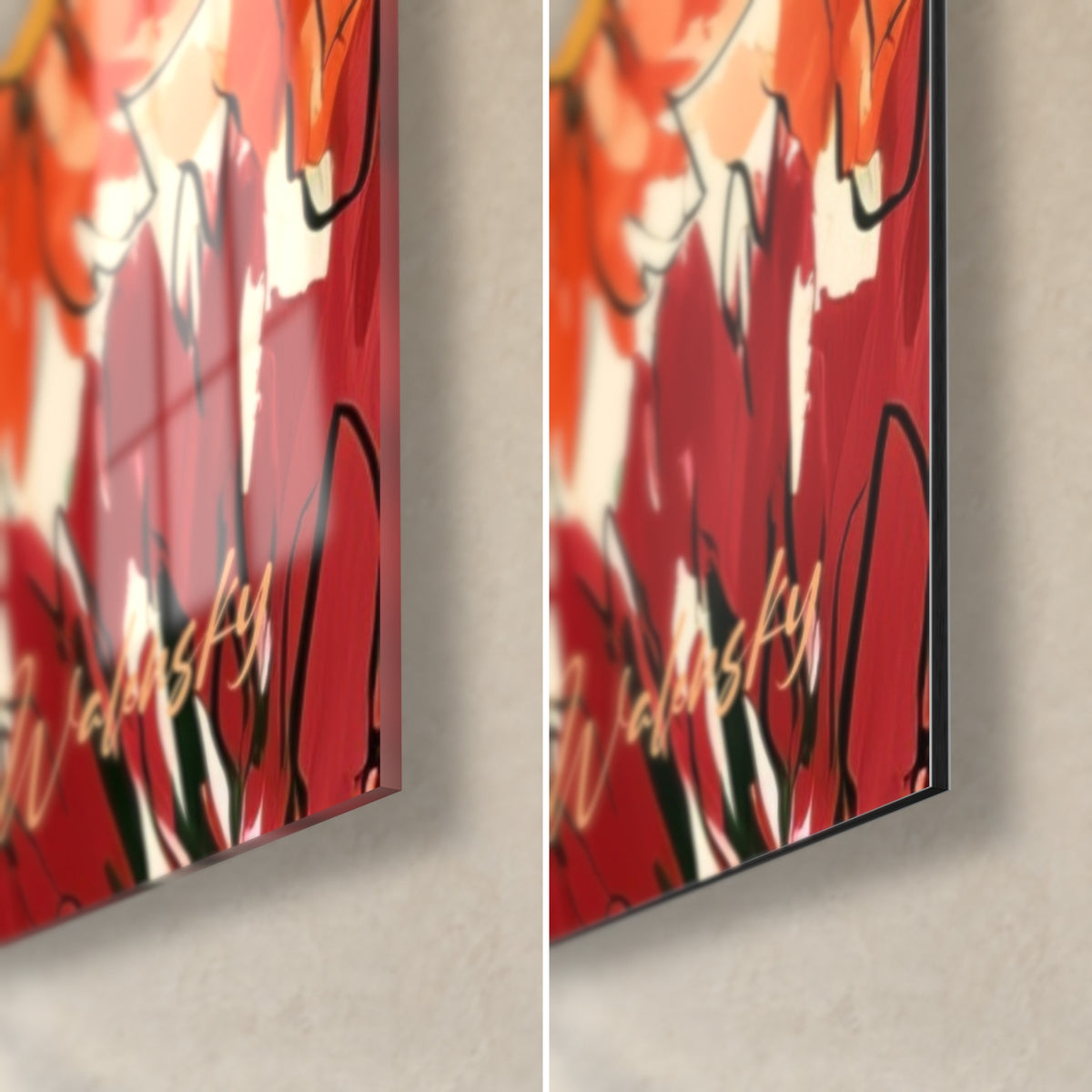 Cuadro de flores rojo burdeos y naranja, esquina inferior derecha, cristal acrílico brillante a la izquierda y aluminio Dibond mate a la derecha, grosor de 3 mm