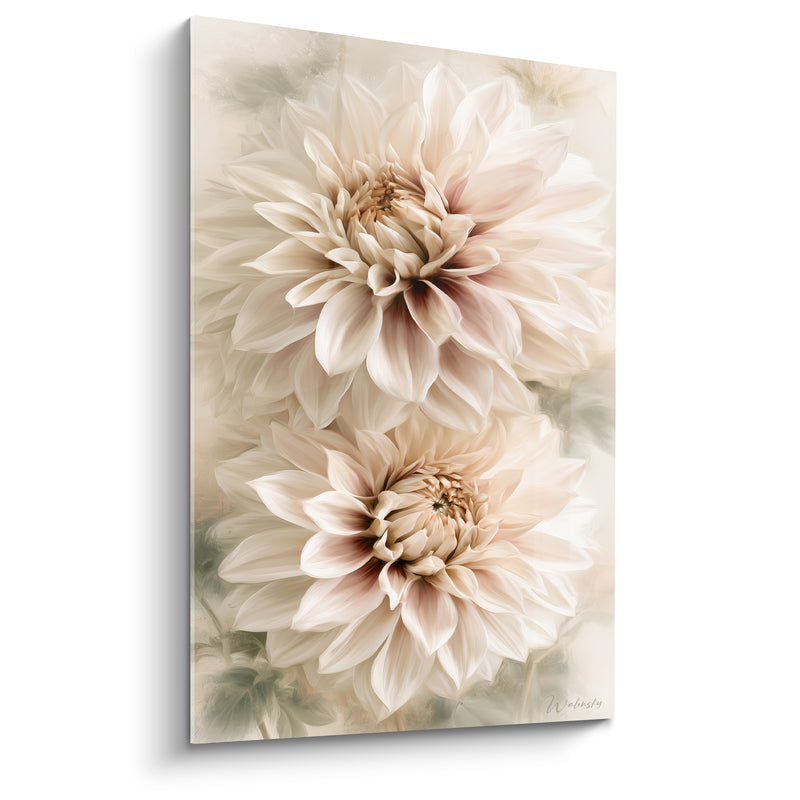 Tableau Dahlias ivoire et bordeaux aux pétales superposés - Duo floral vaporeux - Edition Dahlia