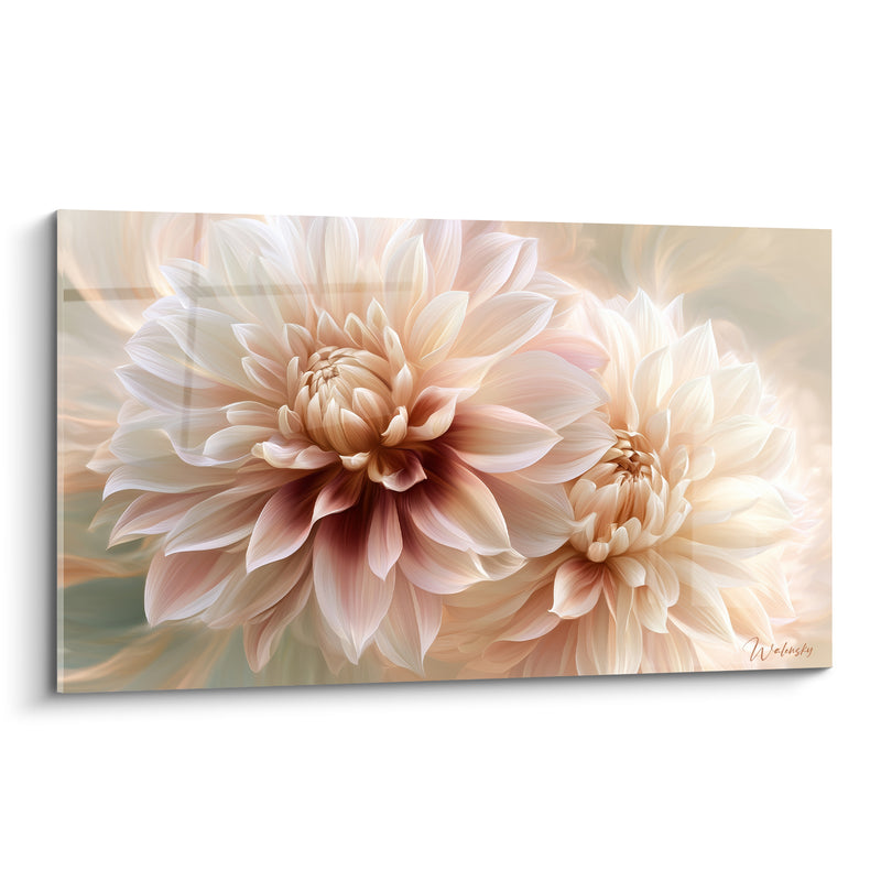 Tableau Dahlia ivoire et bordeaux au cœur ambré - Duo floral vaporeux - Edition Dahlia