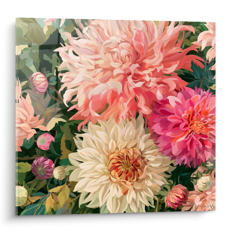 Tableau Dahlias crème et corail à trois têtes - Boutons serrés en grappe - Edition Dahlia
