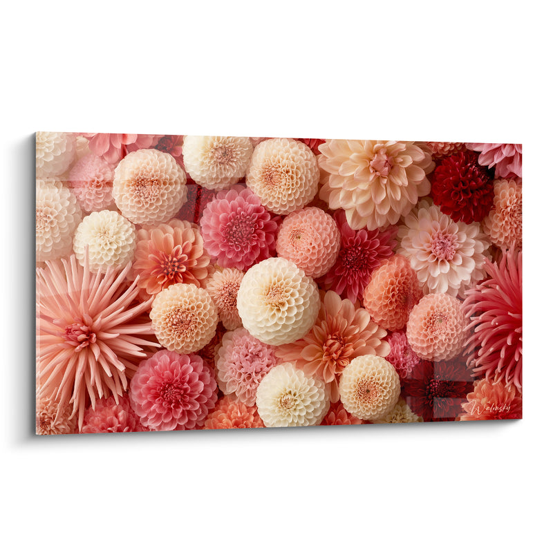 Tableau Dahlias ivoire et corail en mosaïque florale - Éclosion foisonnante - Edition Dahlia