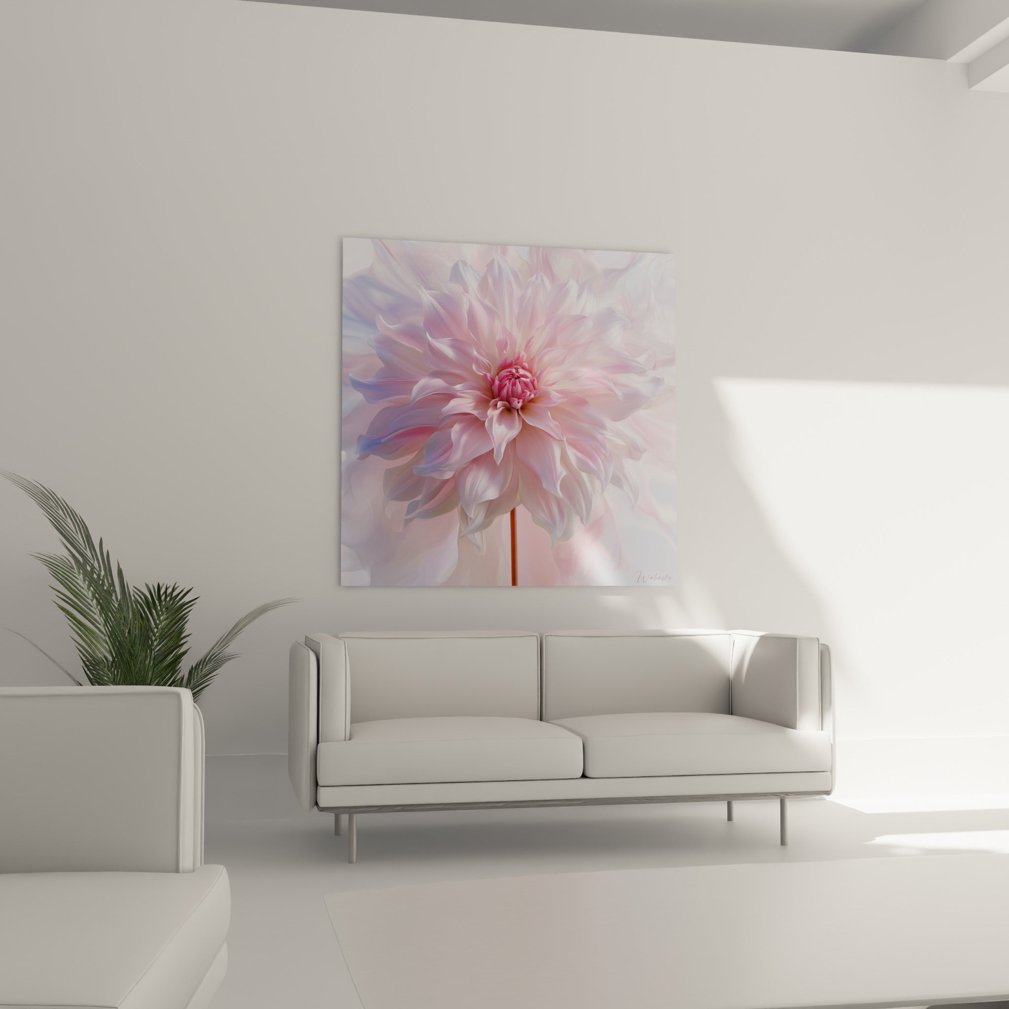 Pétales de dahlia rose et lavande en éventail, disposés au-dessus d'un canapé dans un salon lumineux