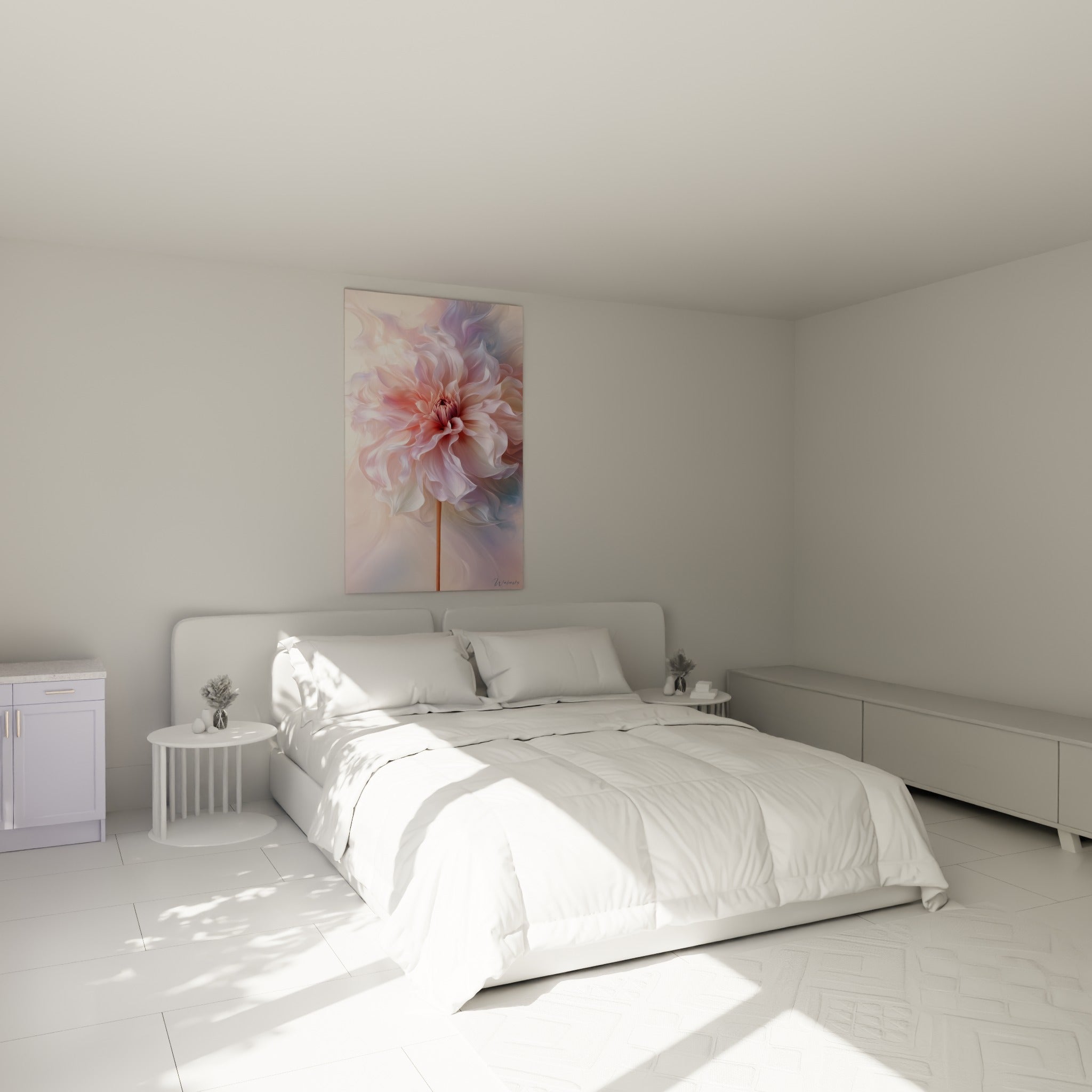 Fleur de dahlia rose poudré et lavande accrochée au-dessus d'un lit dans une chambre claire