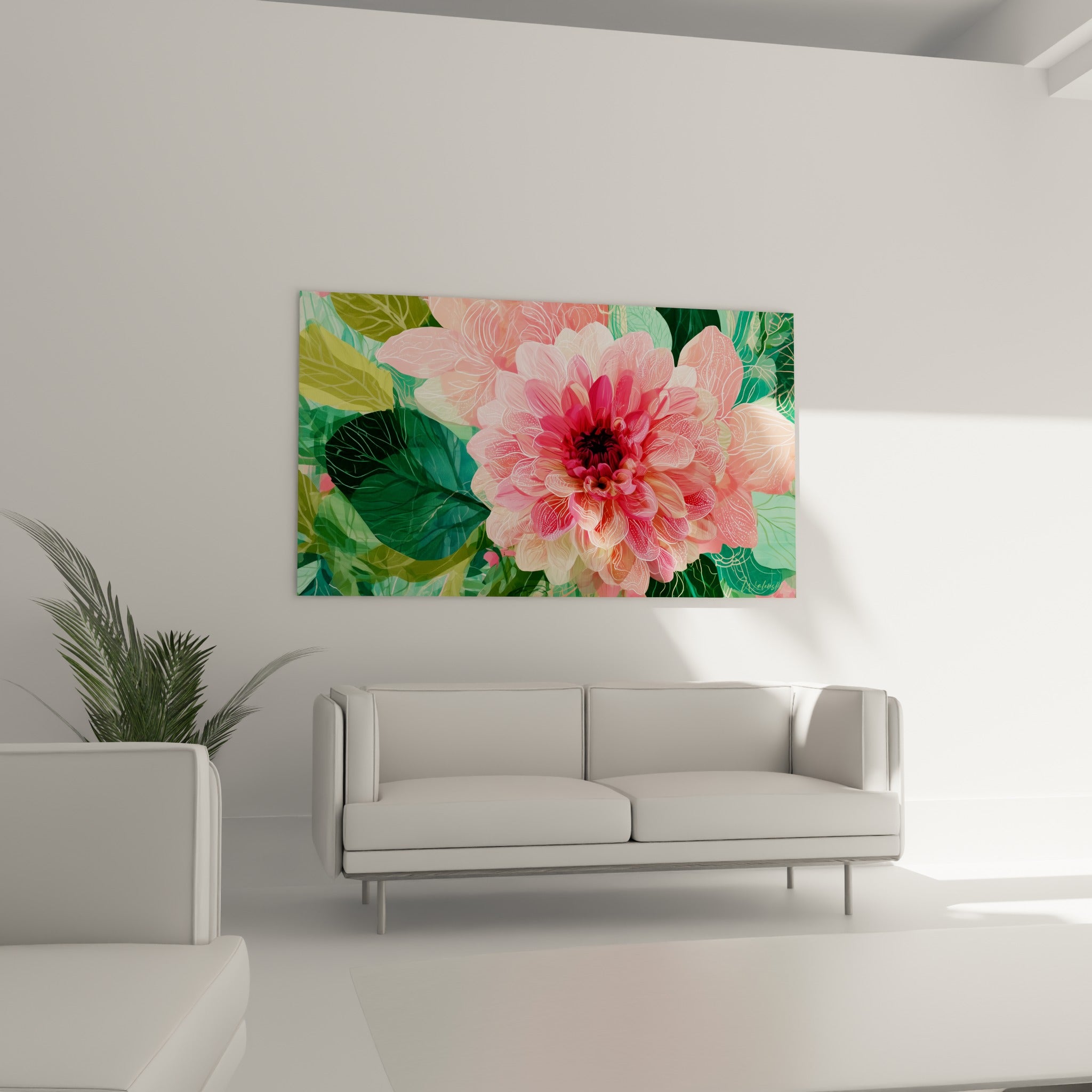 Pétales roses et magenta du dahlia se déployant sur fond vert olive, au-dessus d'un canapé dans un salon lumineux