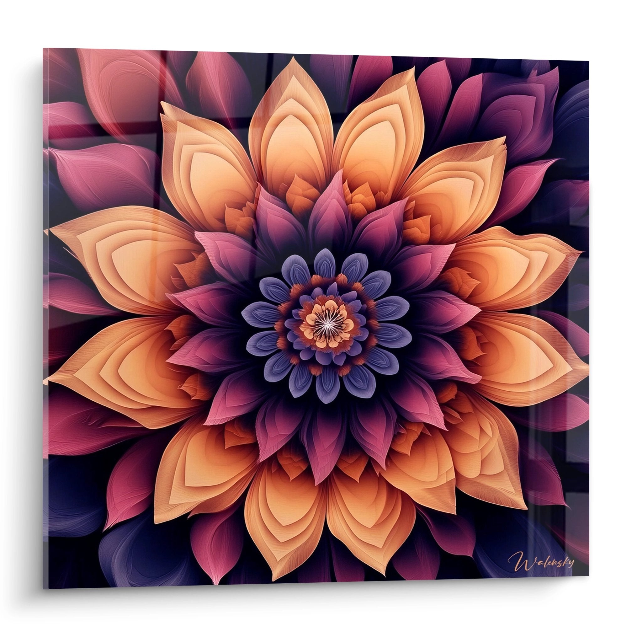 Tableau dahlia mandala fractale aux couleurs orange et violet, art géométrique mural zen spirituel