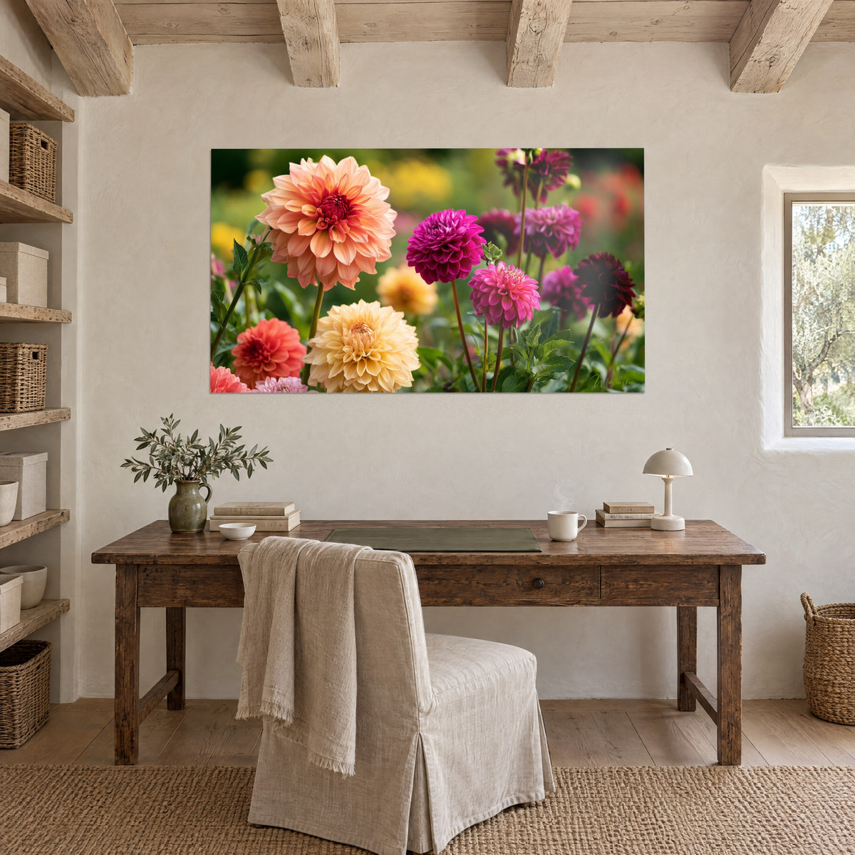 Wall art of sunny multicoloured flowers, large salmon and garnet blooms in close-up, facing a raw wood desk and a linen chair
