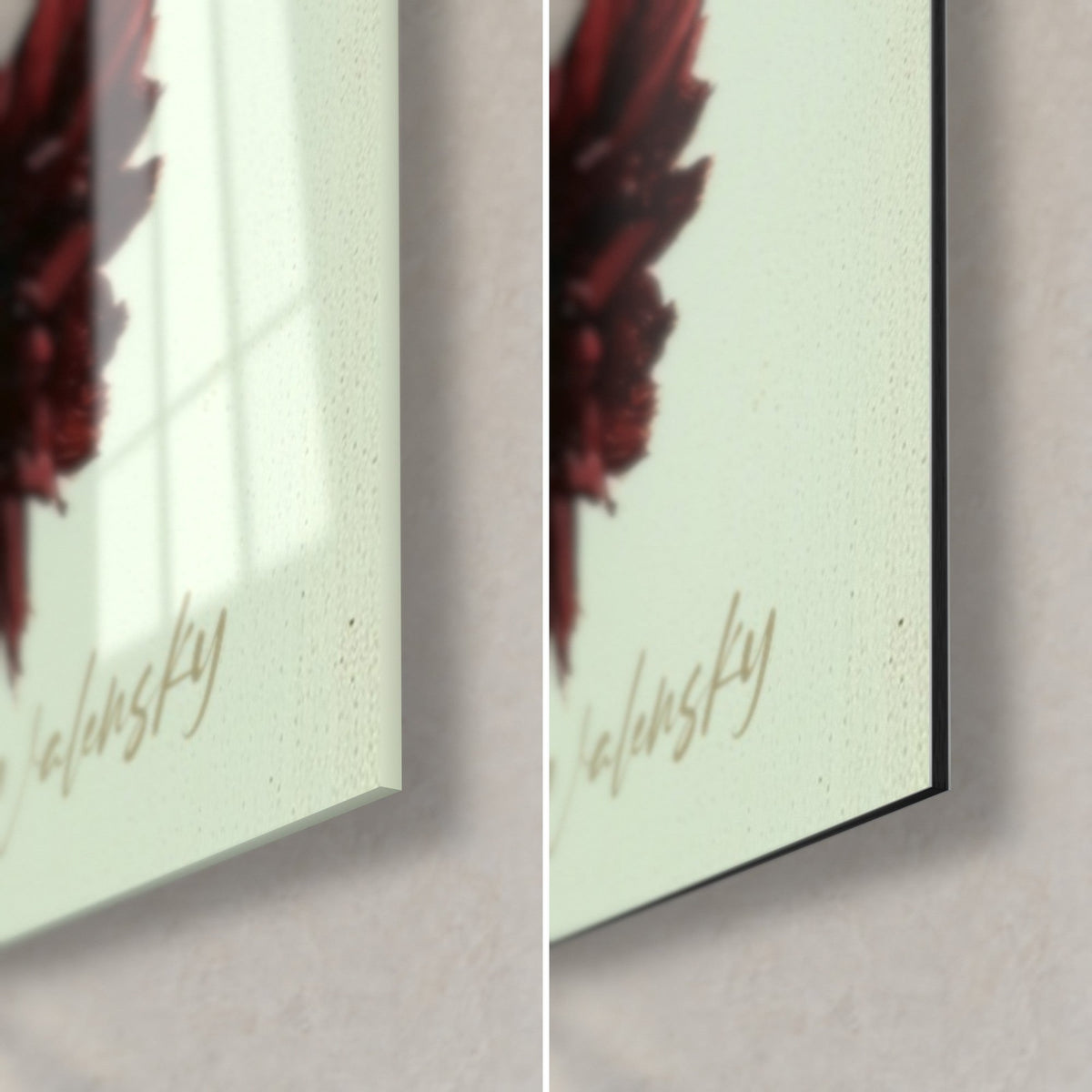 Tableau dahlias bordeaux et vert amande, coin bas droit : verre acrylique brillant et Dibond mat noir, tranche 3 mm