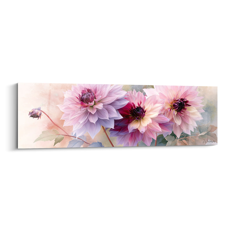 Tableau Dahlias lavande et grenat au bouton latéral - Trio floral panoramique - Edition Dahlia