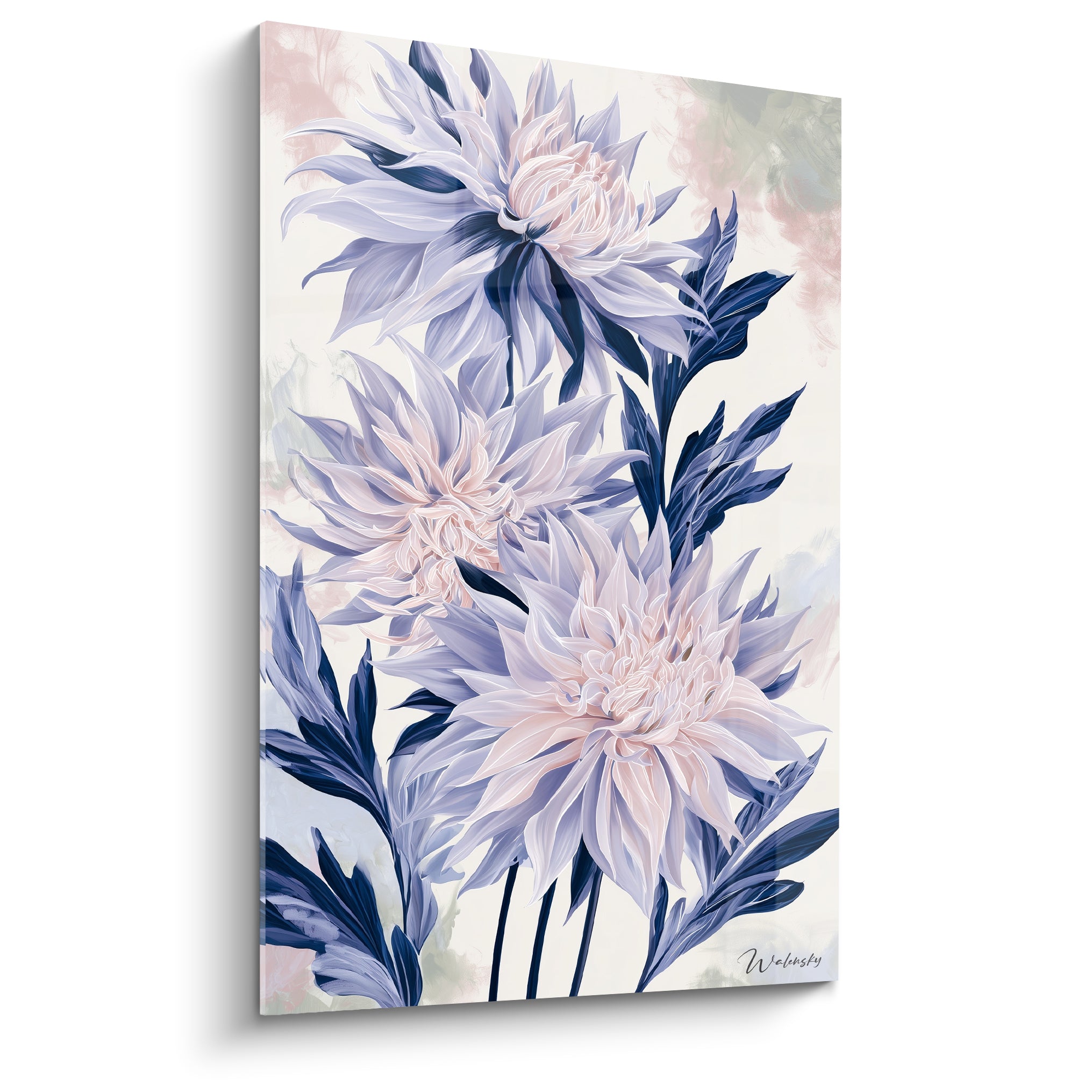 Dahlias mauve pastel et rose poudré déployés sur fond crème aux feuilles bleu marine