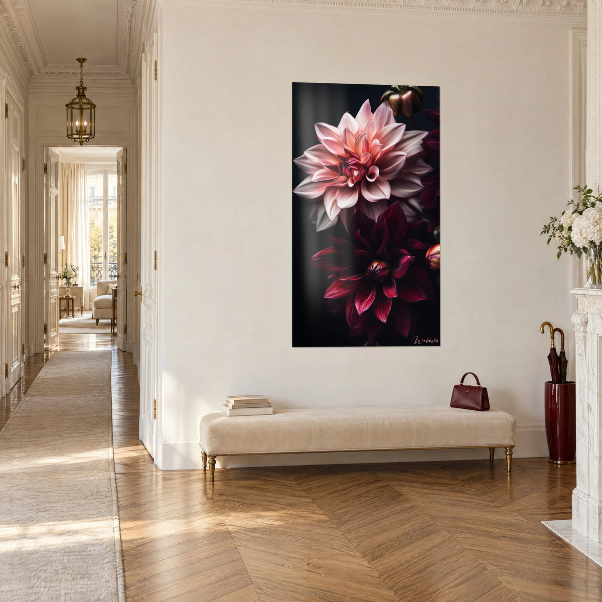 Wall art of a flower with ivory and rosy petals, burgundy centre below, on a matte black background, three-quarter view in a Haussmann-style hallway