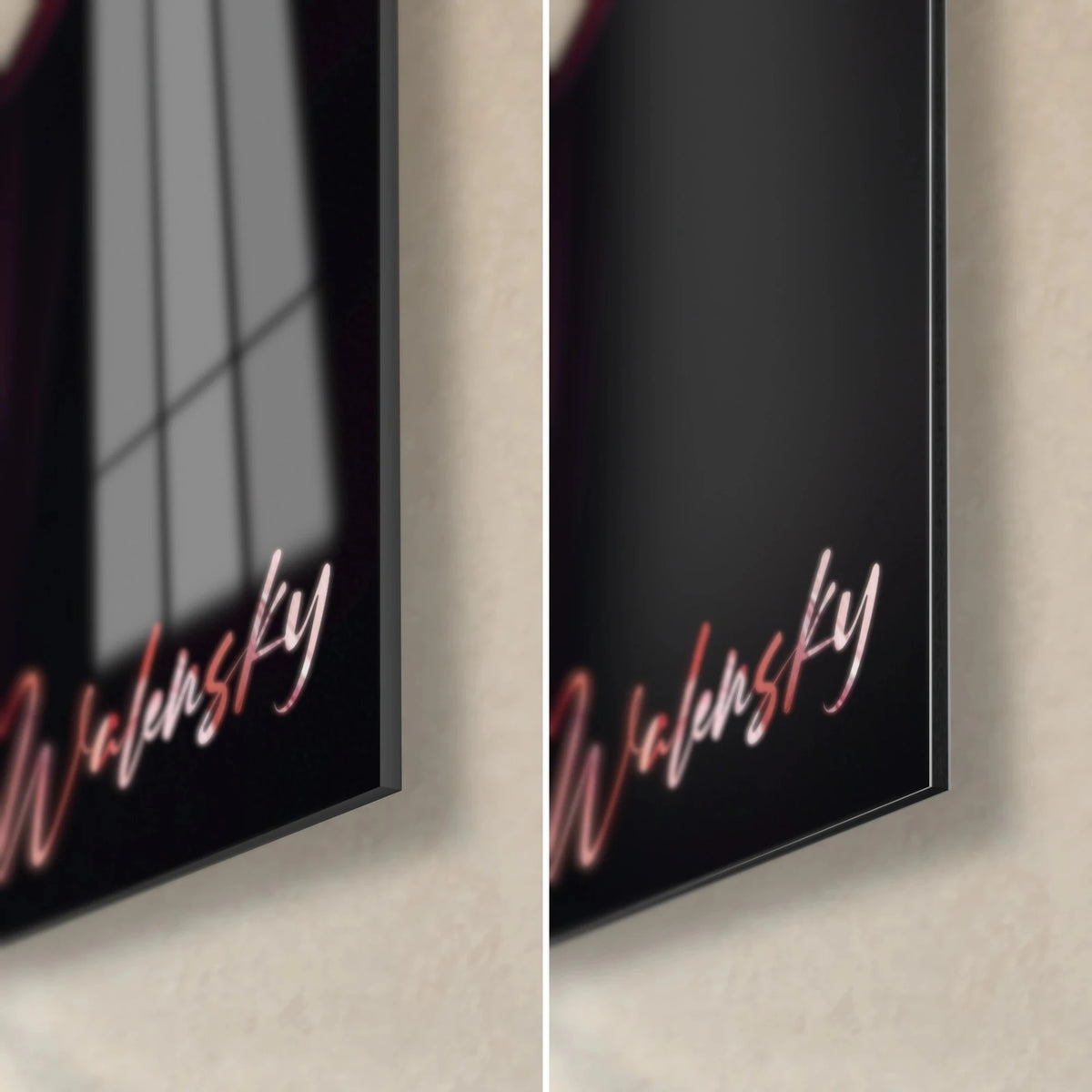 Tableau dahlia bordeaux, coin bas droit, signature Walensky rose, verre acrylique brillant à gauche et alu Dibond noir mat à droite