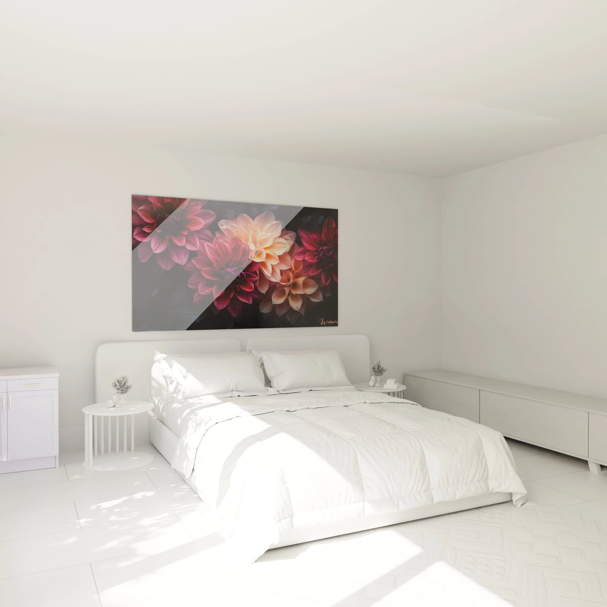Une composition florale en tableau Dahlia nature, mettant en avant des dahlias aux nuances rouges, roses et orangées, avec un effet de relief subtil et des contrastes lumineux marqués sur un fond foncé.

