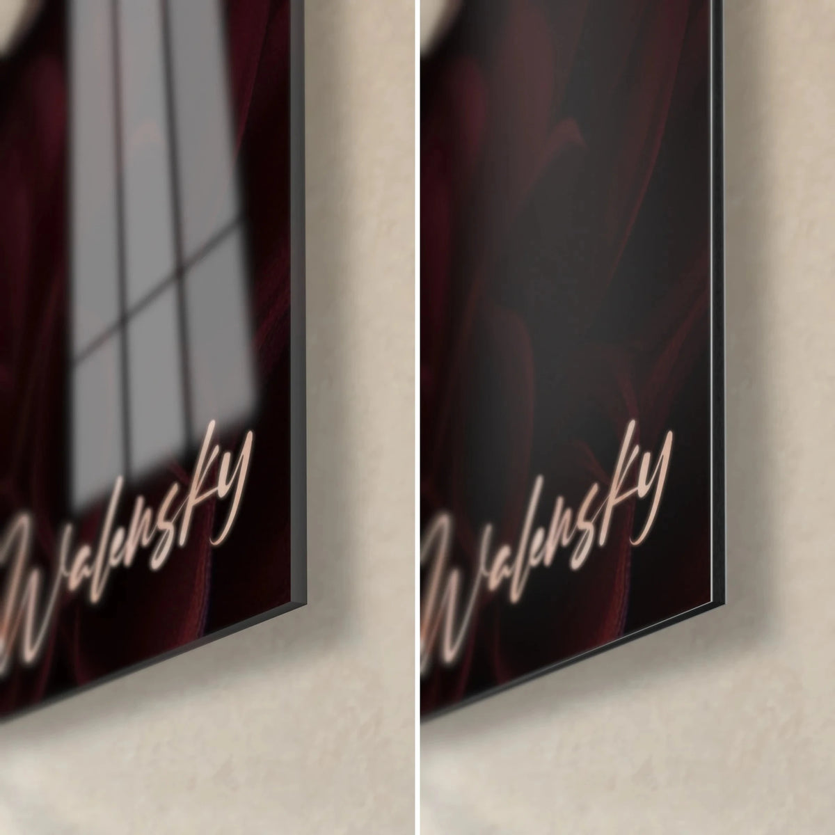Tableau fleurs de dahlia rose et bordeaux, coin bas droit : verre acrylique brillant et Dibond mat, tranche de 3 mm