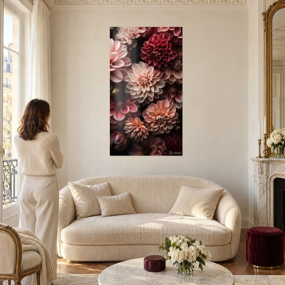 Quadro di dalie rosa cipria e bordeaux in piena fioritura, donna di spalle, sopra un divano in un soggiorno luminoso