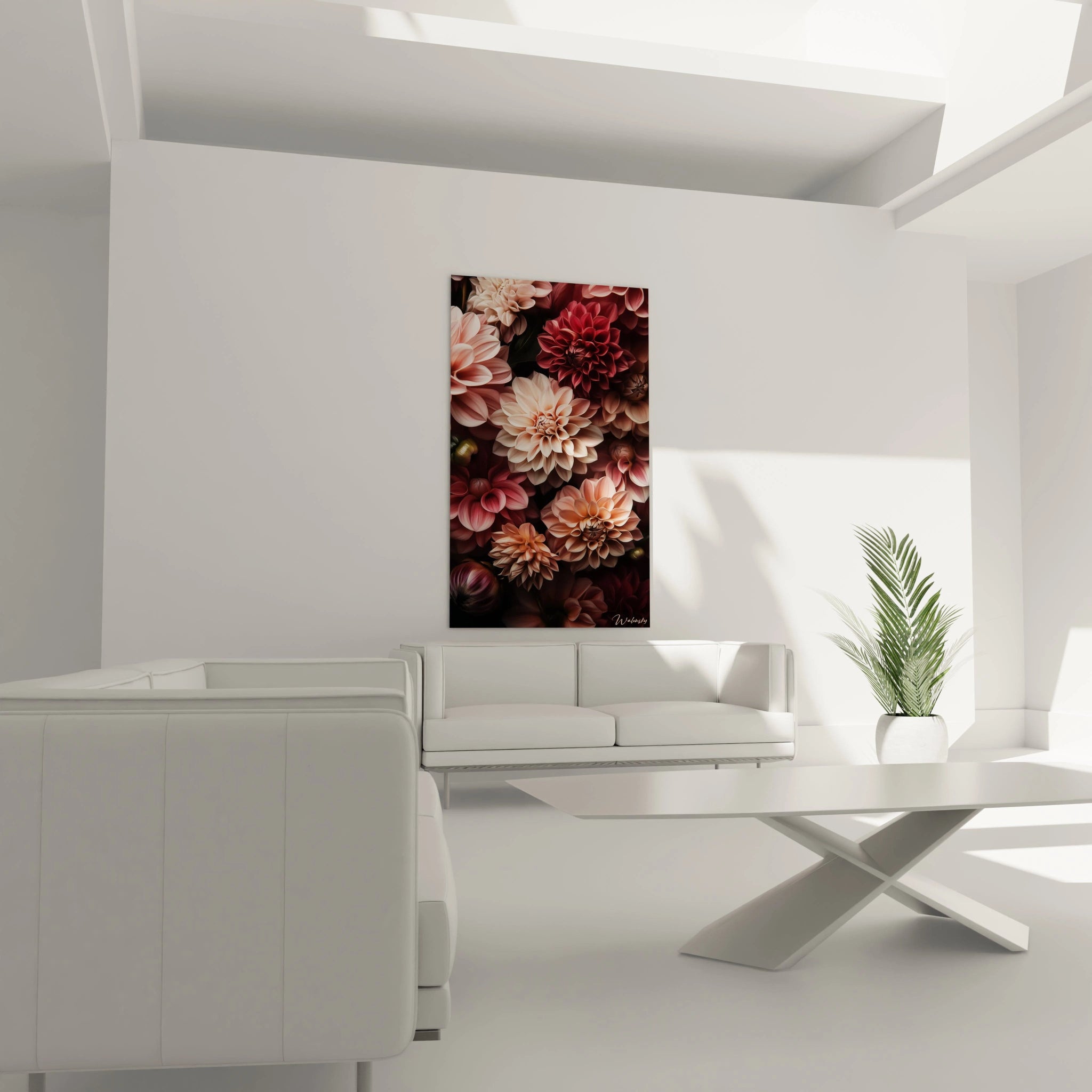 Un tableau Dahlia nature représentant un ensemble de dahlias aux pétales bien définis, avec des tons de rouge, beige et rose, contrastant avec un arrière-plan sombre et des textures douces.

