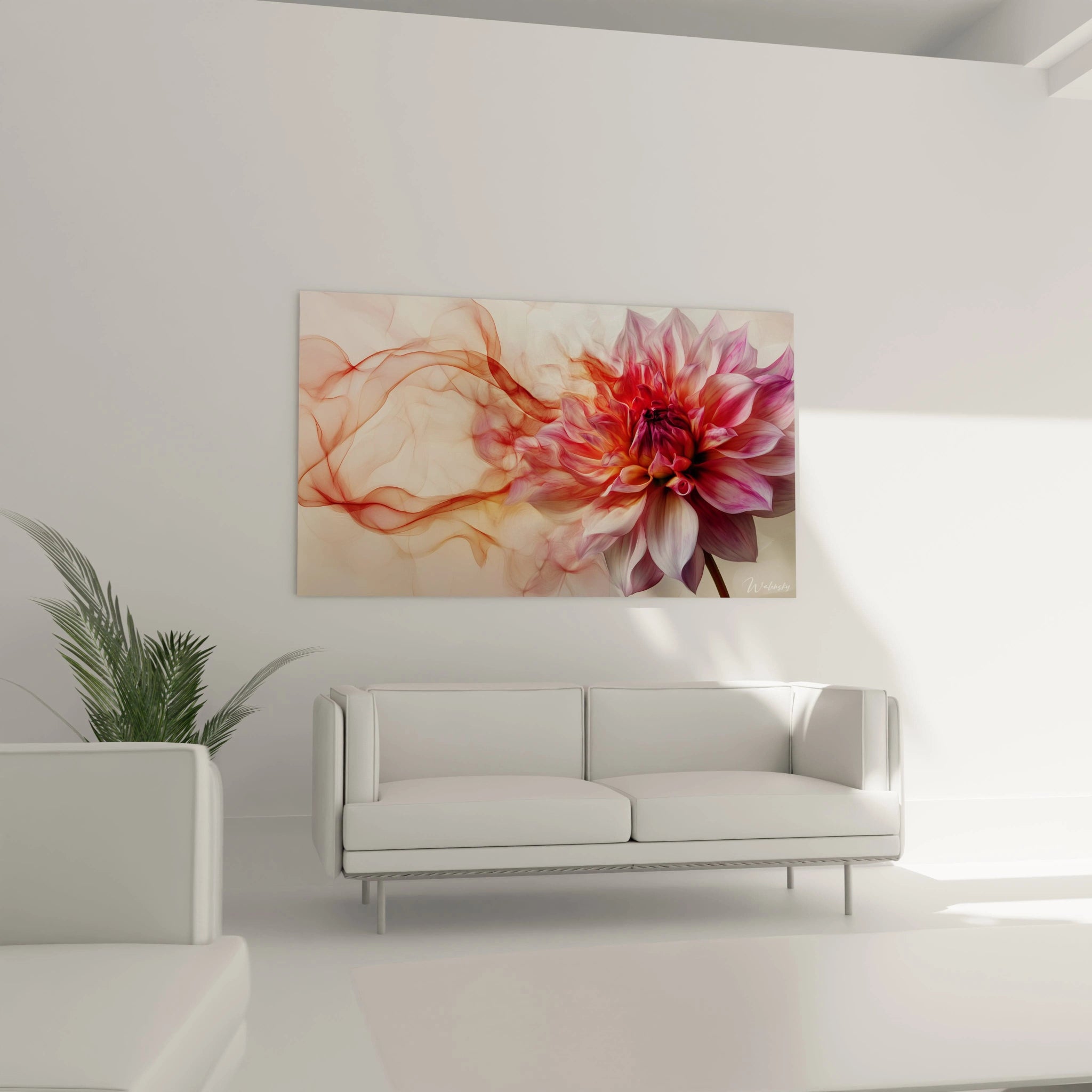 Un tableau Dahlia nature mettant en avant une fleur aux nuances de rose, beige et or rose, avec des textures douces et des contours estompés, créant une impression de profondeur progressive.

