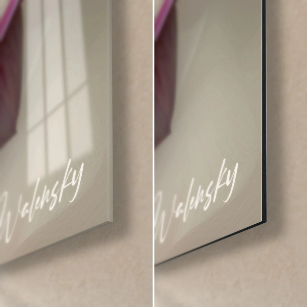 Quadro corolla rosa e porpora, firma Walensky bianca, vetro acrilico lucido e Dibond nero opaco, bordo di 3 mm