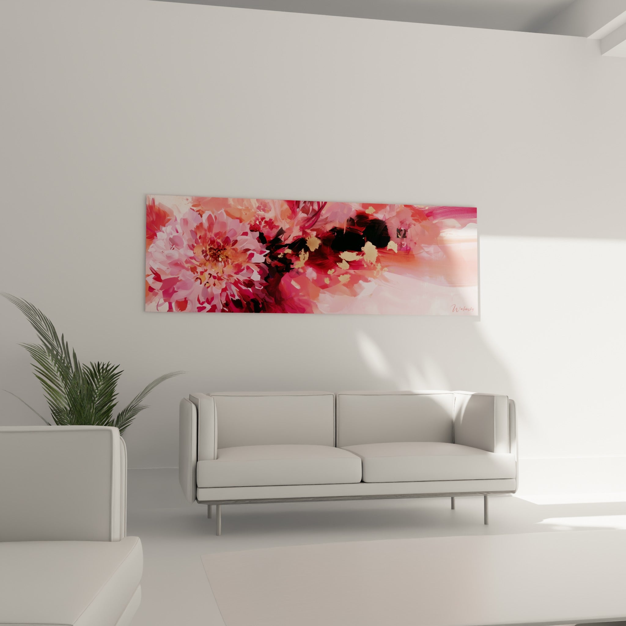 Fleur de dahlia rose vif et noir profond aux reflets dorés, au-dessus d'un canapé dans un salon lumineux