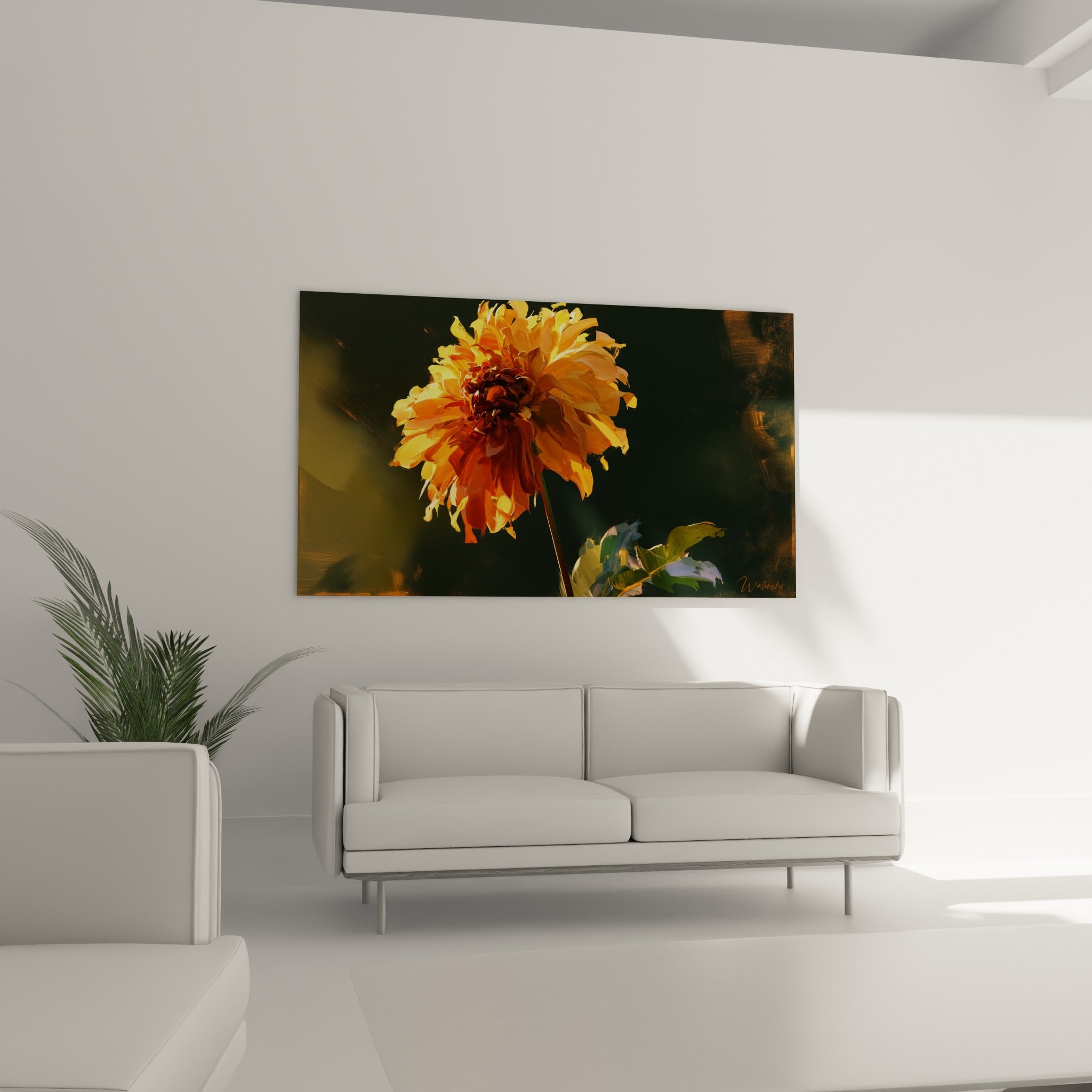 Pétales dorés et orangés d'un dahlia lumineux, fond sombre, au-dessus d'un canapé dans un salon lumineux