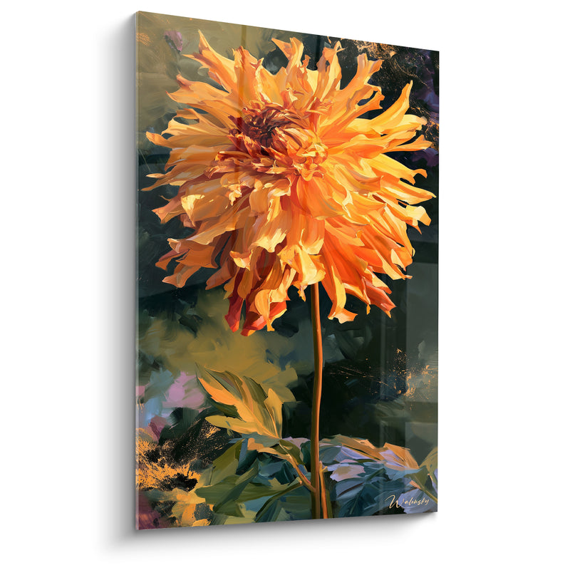 Tableau Dahlia jaune et vert au long pédoncule solitaire - Fond touches violettes - Edition Dahlia