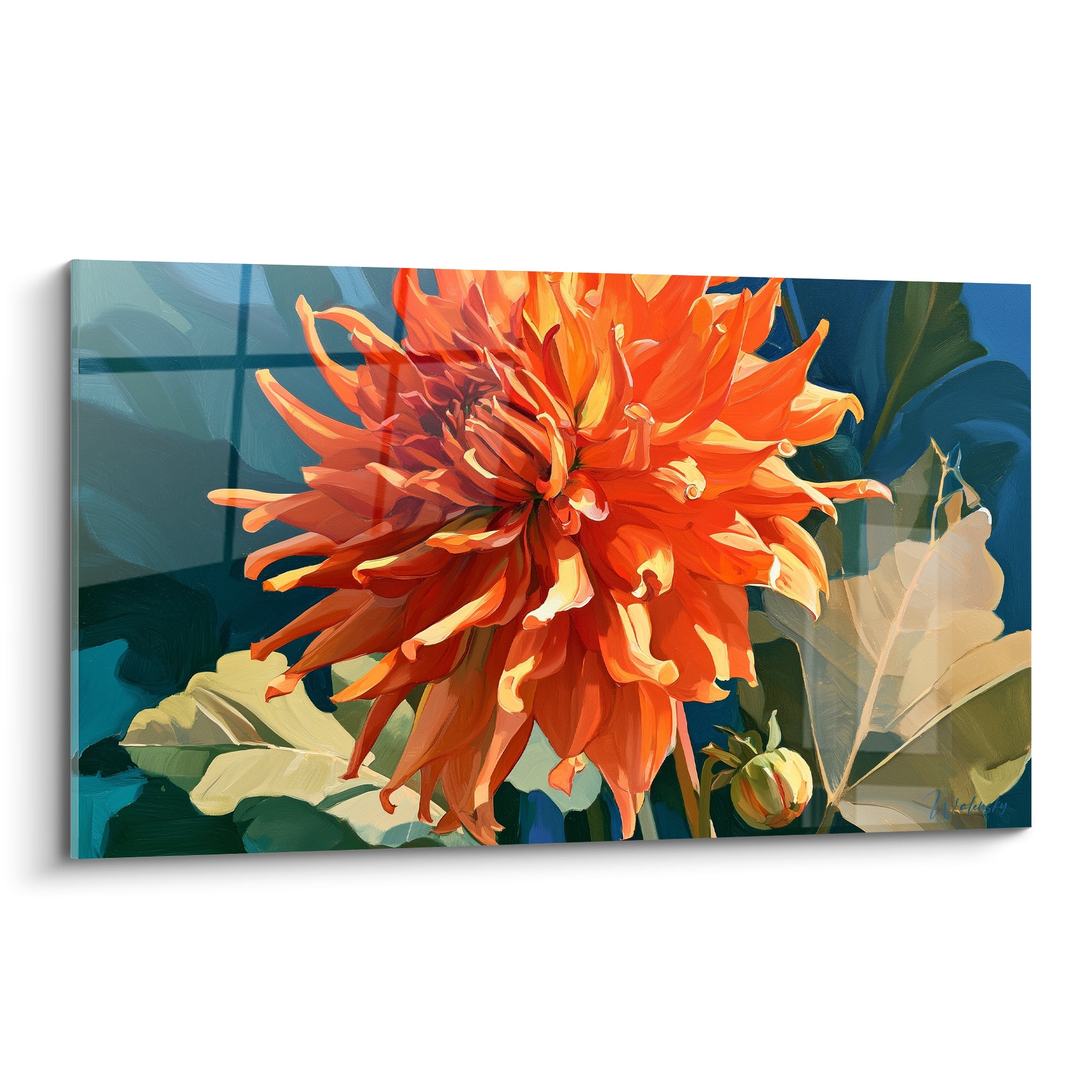 Dahlia orange aux pétales effilés se déploie sur fond bleu marine texturé de touches picturales