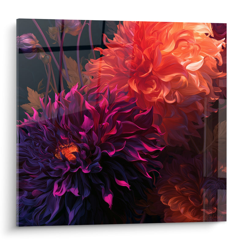 Tableau Dahlias orange incandescent et pourpre profond - Éclat nocturne - Edition Dahlia