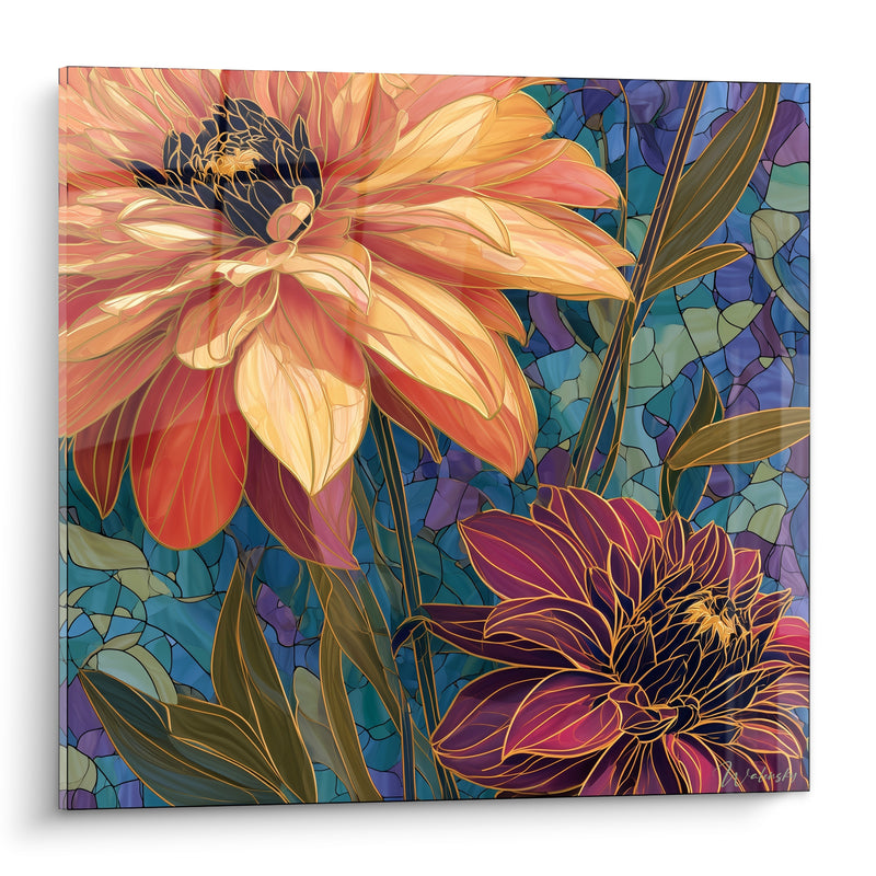 Tableau Dahlias oranges et pourpres façon vitrail - Éclosion vitrail - Edition Dahlia