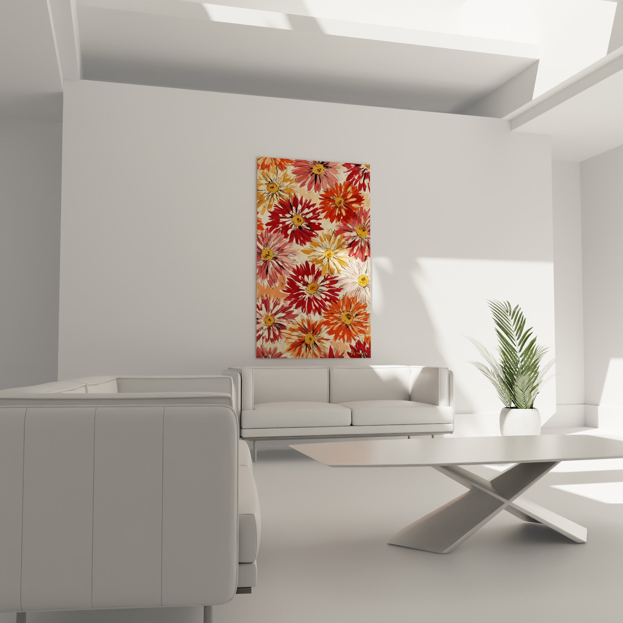 Fleurs orange safran et rose poudré du tableau Dahlia disposées au-dessus d'un canapé dans un salon lumineux