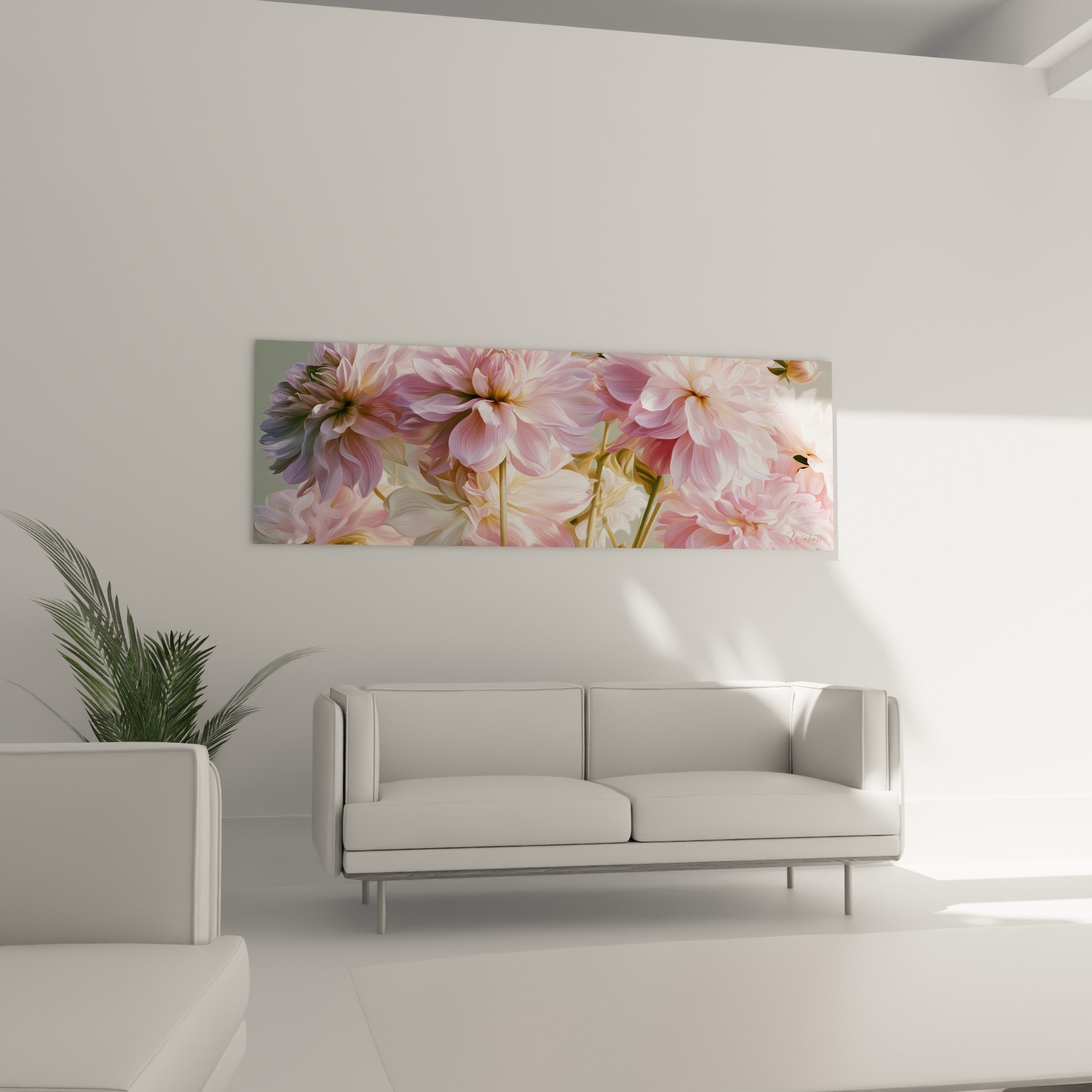 Pétales de dahlia rose et blanc crème veinés de doré, accroché au-dessus d'un canapé dans un salon lumineux