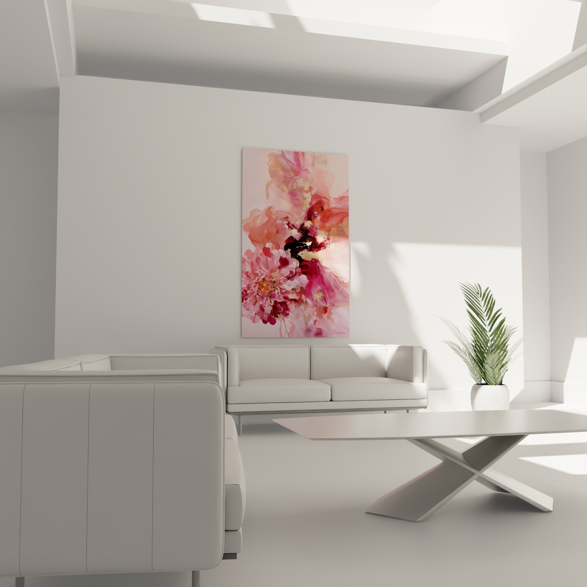 Pétales roses et touches dorées d'un dahlia abstrait, accroché au-dessus d'un canapé dans un salon lumineux